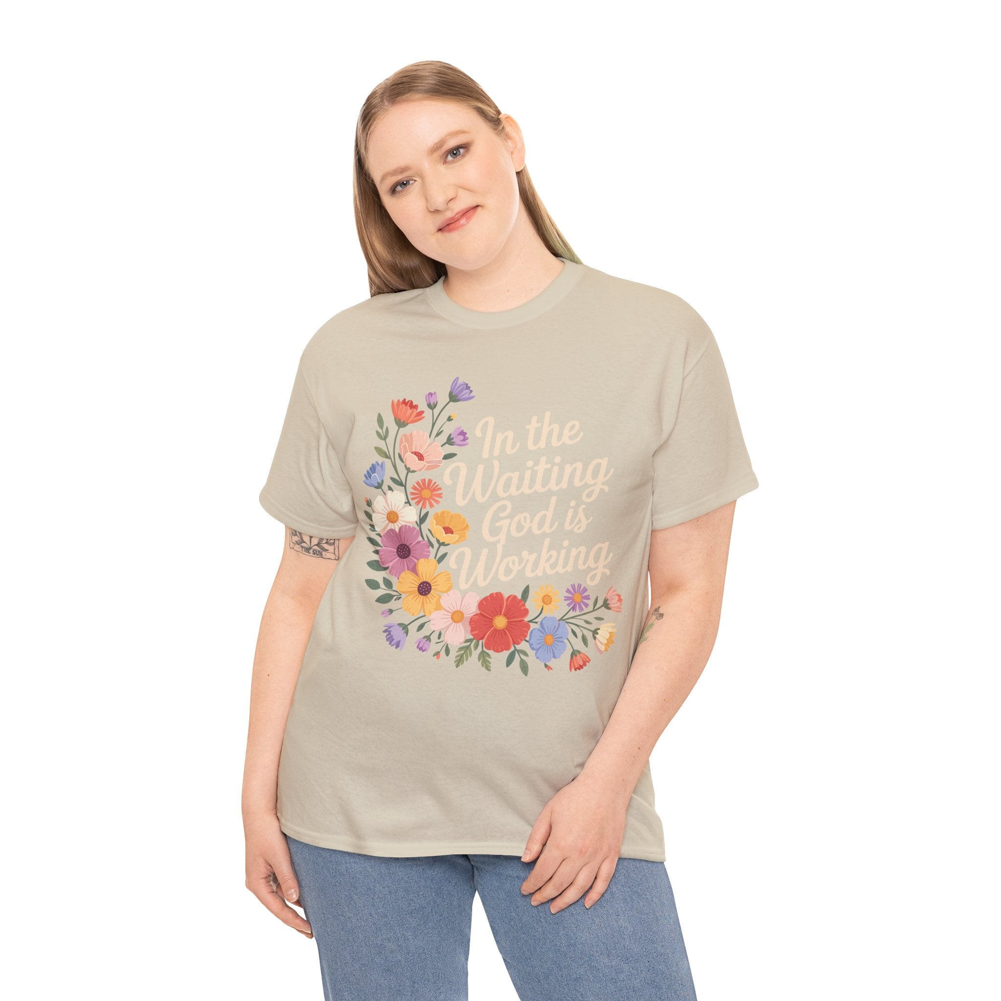 Pastel Floral “In the Waiting God Is Working” Unisex Cotton T-Shirt