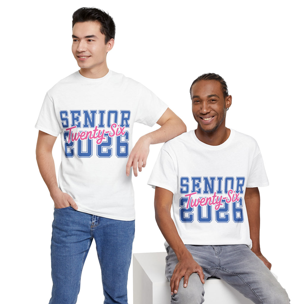 Senior 2026 Tee — Pink Varsity Block with Blue Script Overlay Unisex Cotton Tee