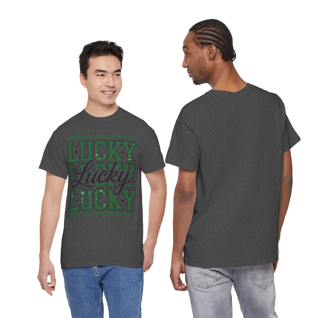 Lucky Varsity Tee — Layered Green ‘Lucky’ Graphic Unisex Cotton Tee
