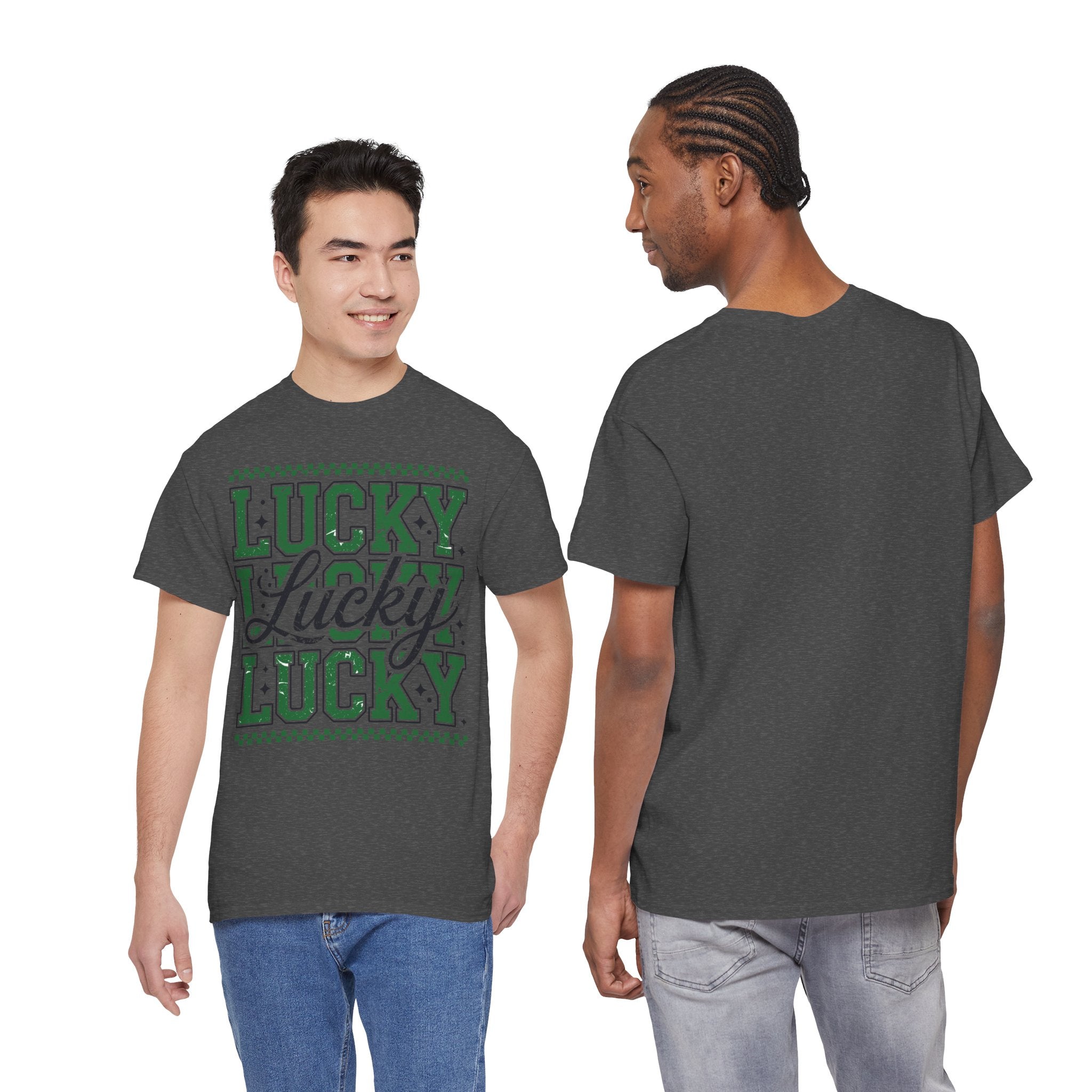 Lucky Varsity Tee — Layered Green ‘Lucky’ Graphic Unisex Cotton Tee