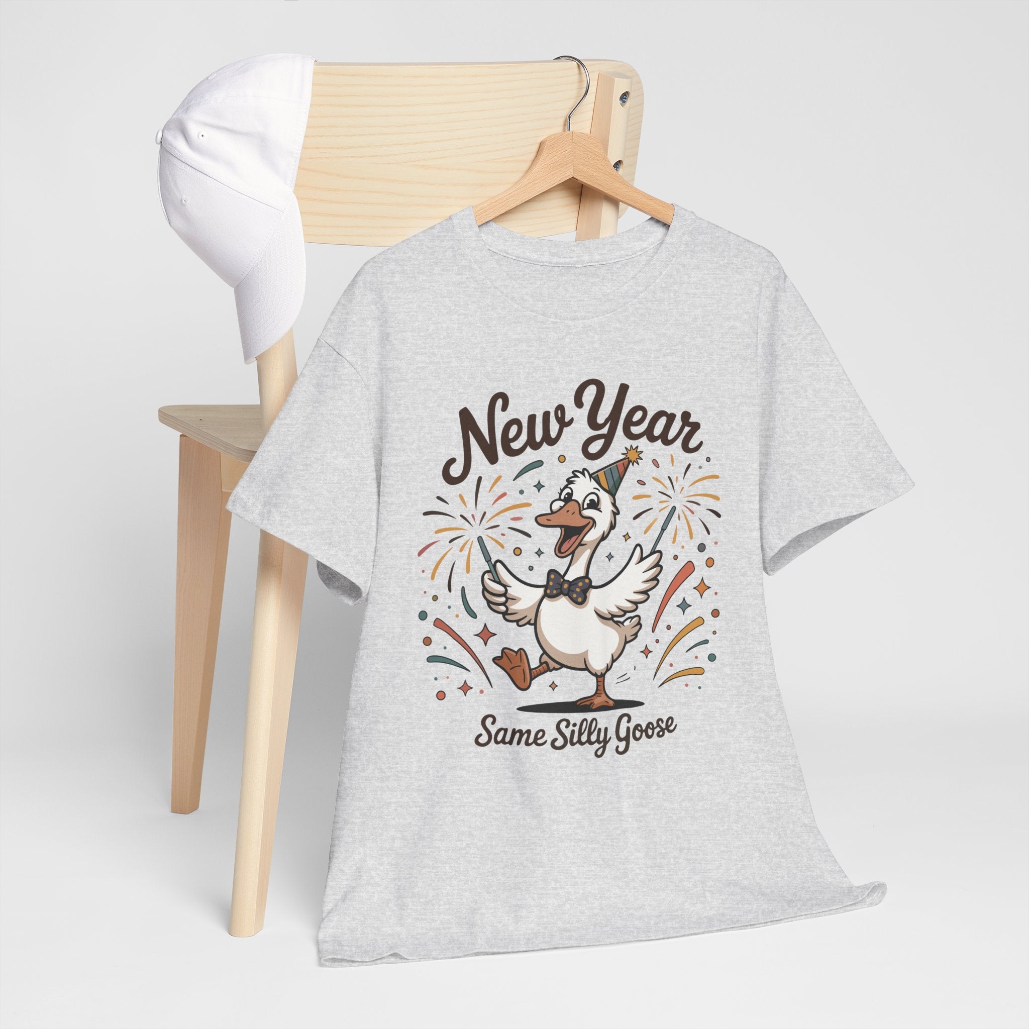 Happy Goose New Year T-Shirt — Party Hat, Fireworks & Confetti Unisex Cotton Tee