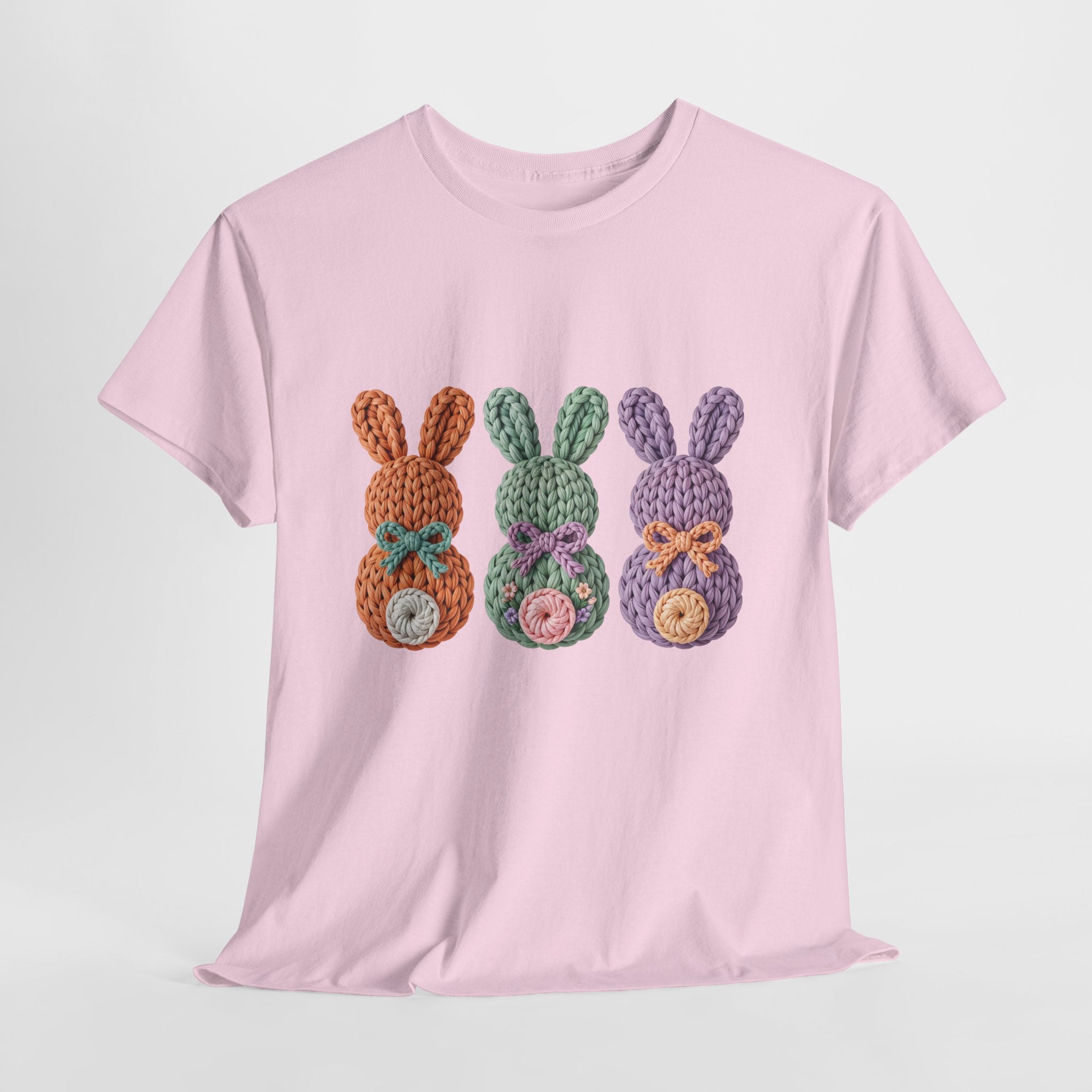 Pastel Crochet Bunny Tee — Trio of Faux Knit Bunnies with Bows & Flowers Unisex Cotton Tee