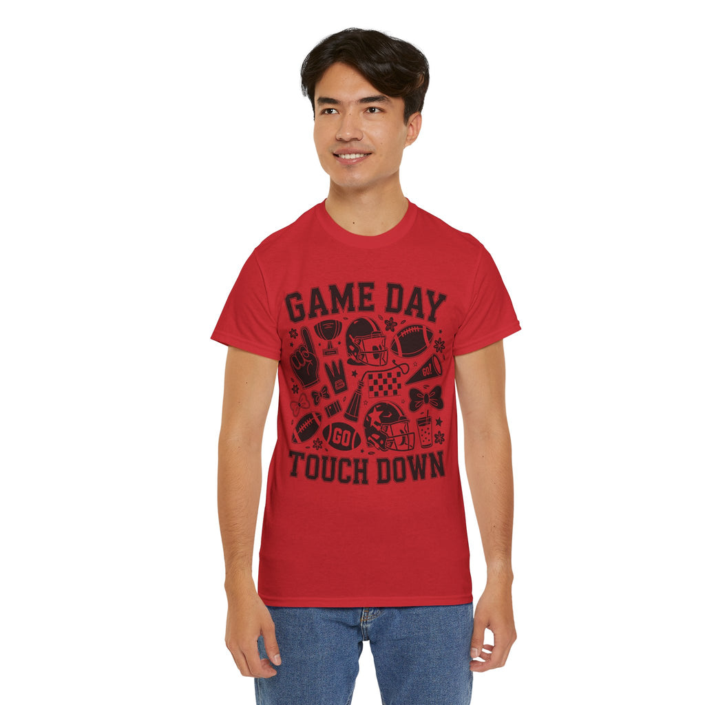 Game Day Touch Down Football T‑Shirt — Helmet & Cheer Monochrome Design Unisex Cotton Tee