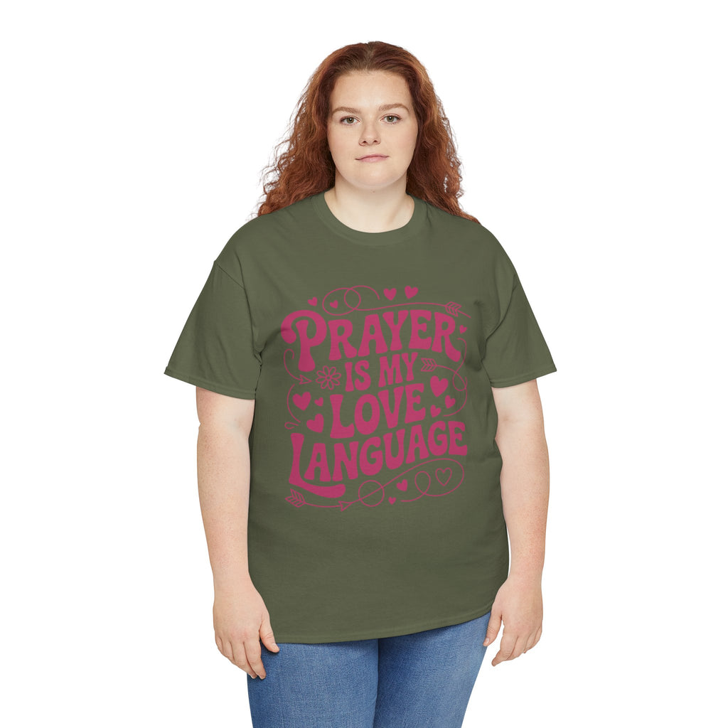 Prayer Is My Love Language Christian Tee — Pastel Pink Hearts Unisex Cotton Tee