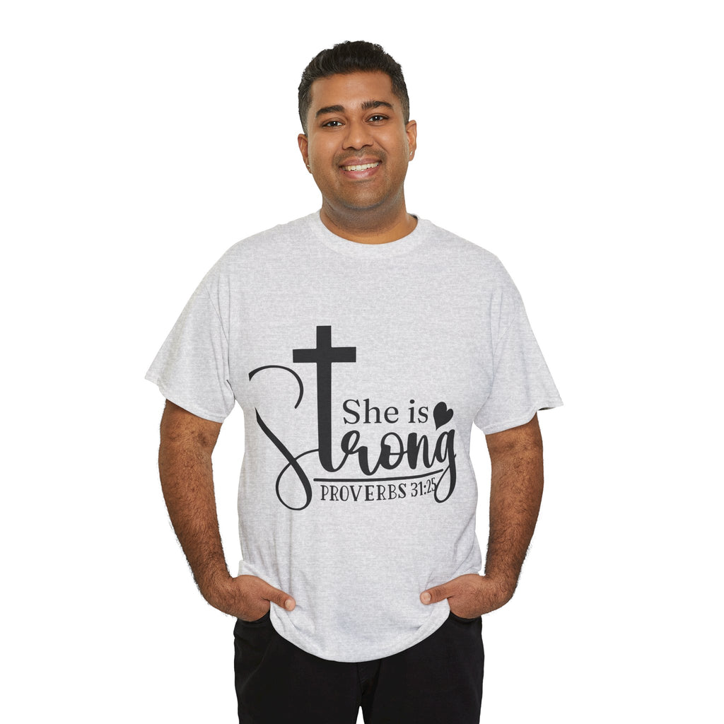 Proverbs 31:25 'She is Strong' T-Shirt – Christian Cross & Heart Unisex Cotton Tee