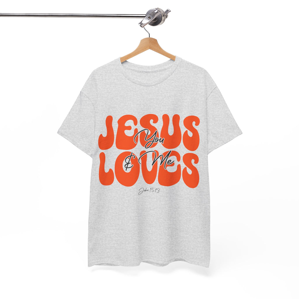 Jesus Loves You & Me Retro Tee — Playful Orange Bubbly Christian Unisex Cotton T-Shirt