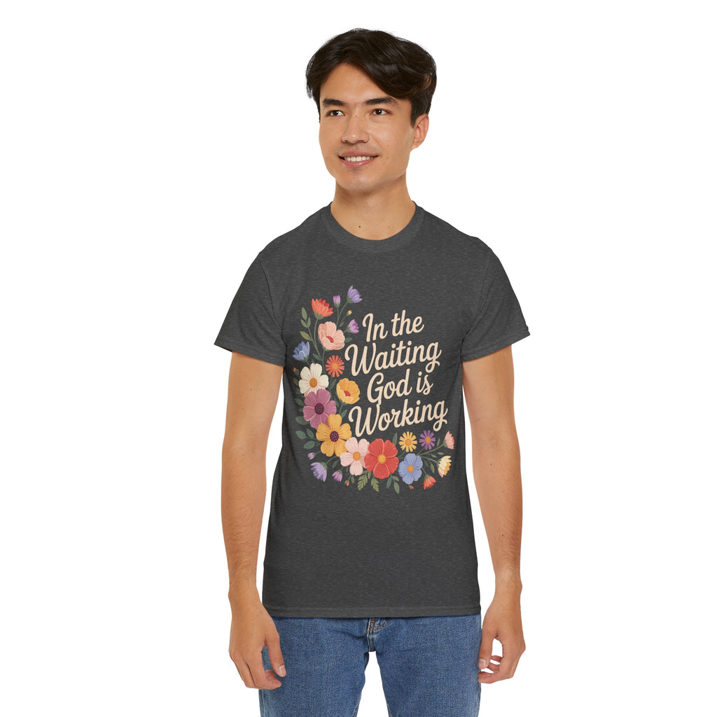 Pastel Floral “In the Waiting God Is Working” Unisex Cotton T-Shirt