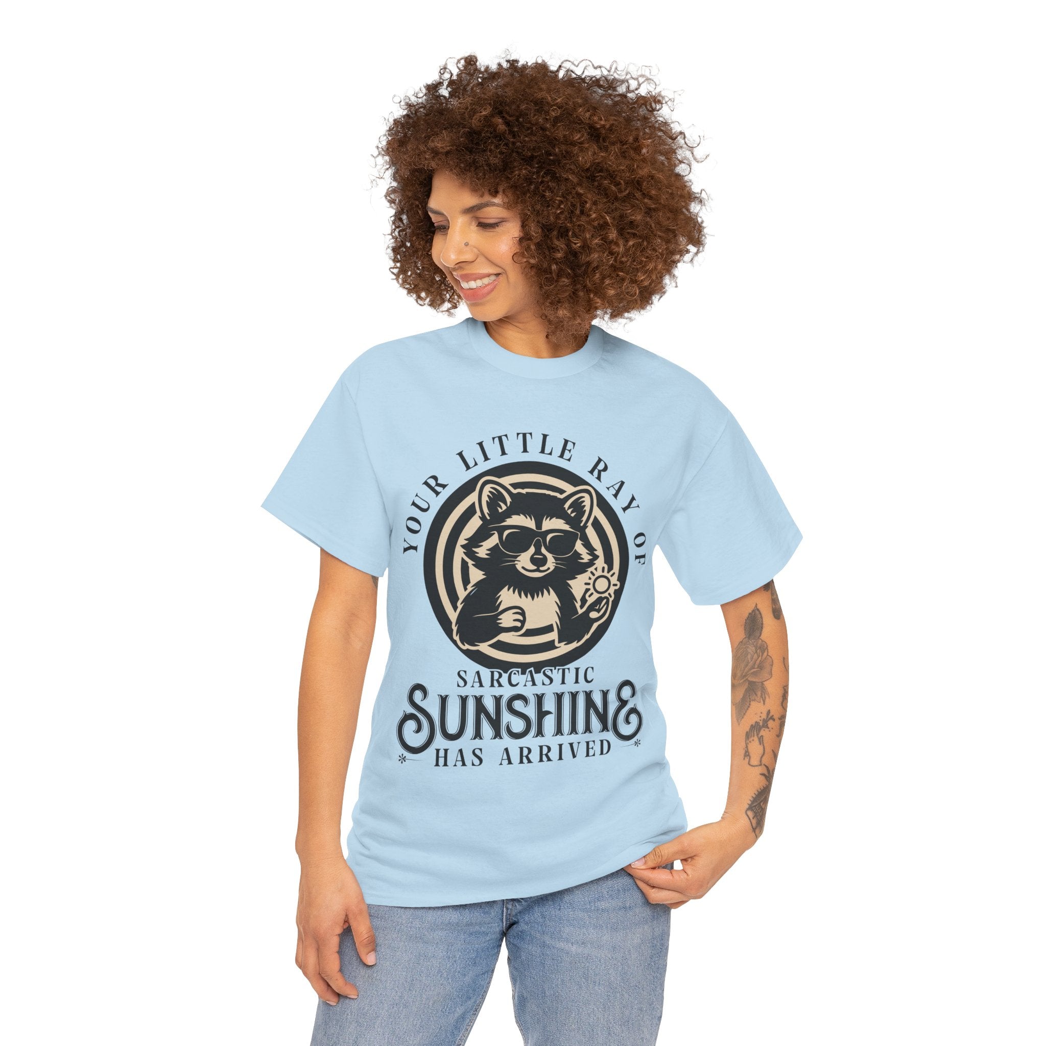 Cool Raccoon Sunglasses T-Shirt — Raccoon Holding Sun Graphic Unisex Cotton Tee