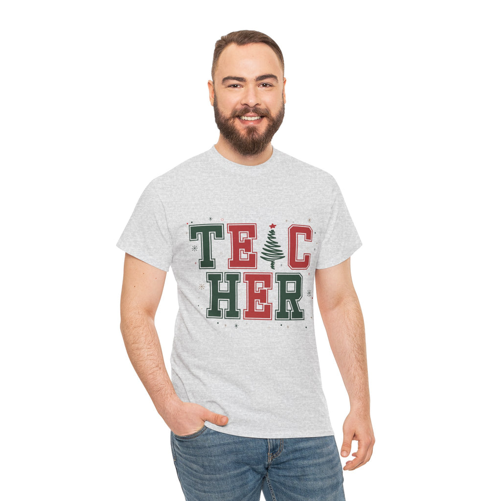 Teacher Christmas Varsity T-Shirt — Red & Green Holiday Unisex Cotton Tee