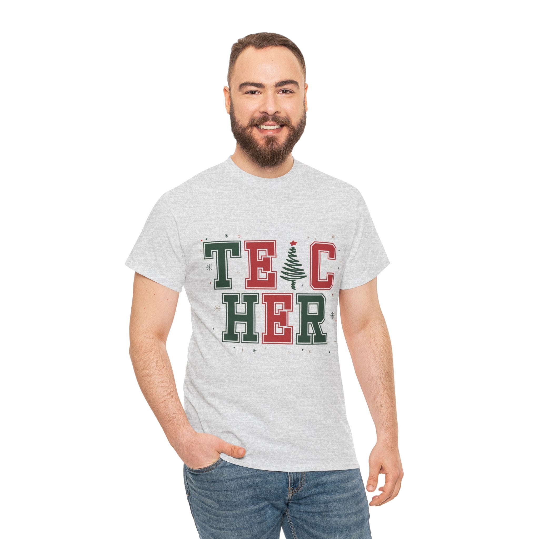 Teacher Christmas Varsity T-Shirt — Red & Green Holiday Unisex Cotton Tee