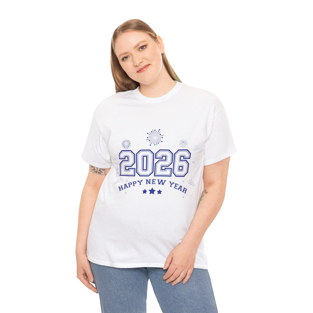 Happy New Year 2026 Varsity Tee — Fireworks & Confetti Celebration Unisex Cotton Tee