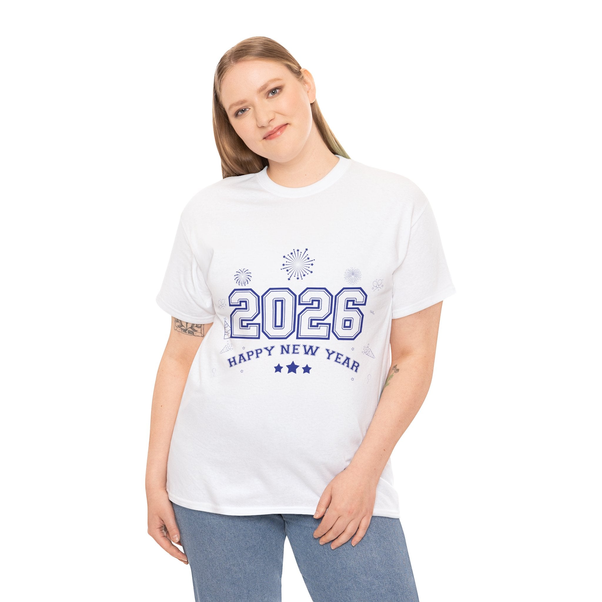 Happy New Year 2026 Varsity Tee — Fireworks & Confetti Celebration Unisex Cotton Tee