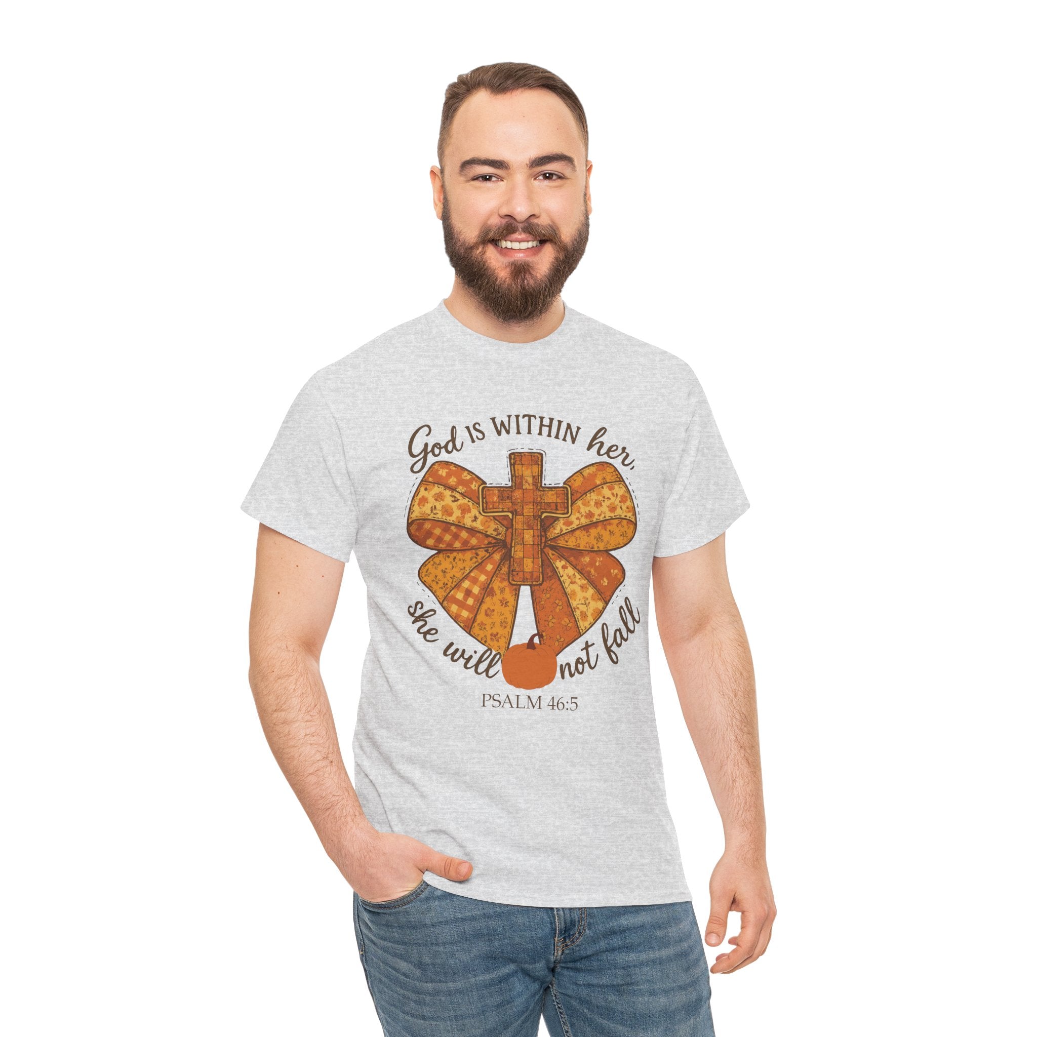 Psalm 46:5 Cross Patchwork Tee — Fall Bow Christian Unisex Cotton T-Shirt
