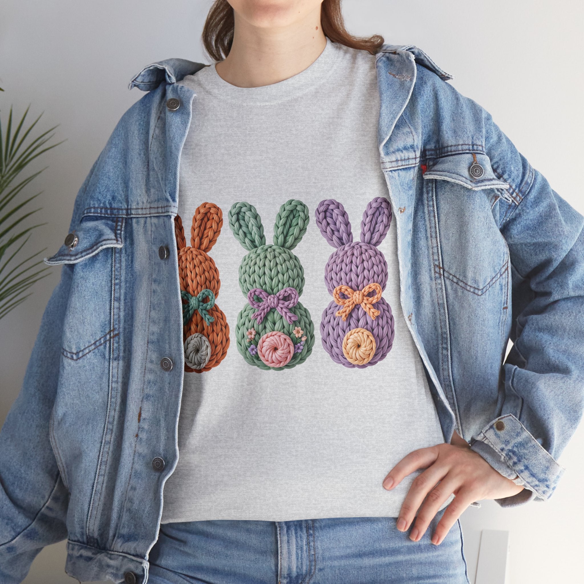 Pastel Crochet Bunny Tee — Trio of Faux Knit Bunnies with Bows & Flowers Unisex Cotton Tee