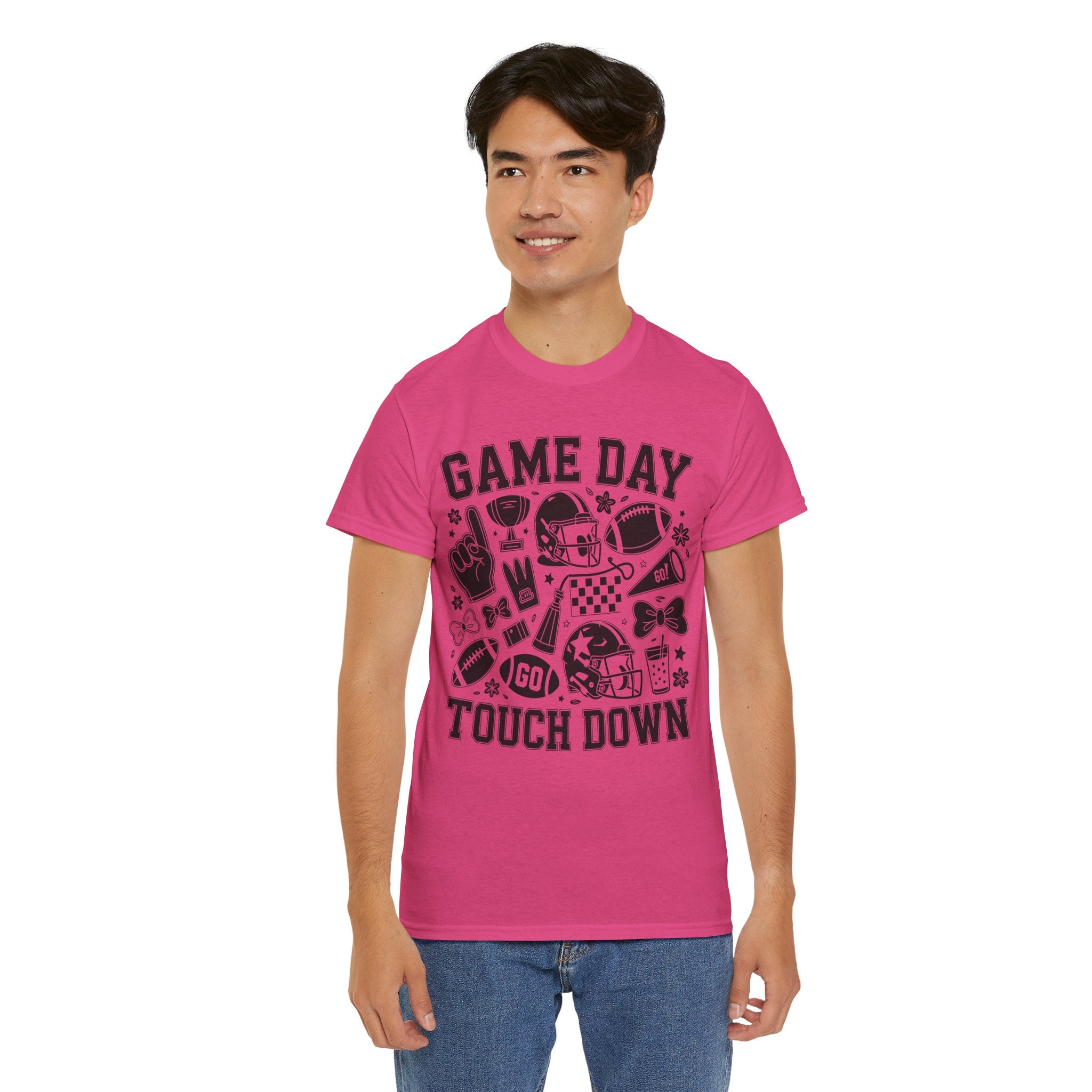 Game Day Touch Down Football T‑Shirt — Helmet & Cheer Monochrome Design Unisex Cotton Tee