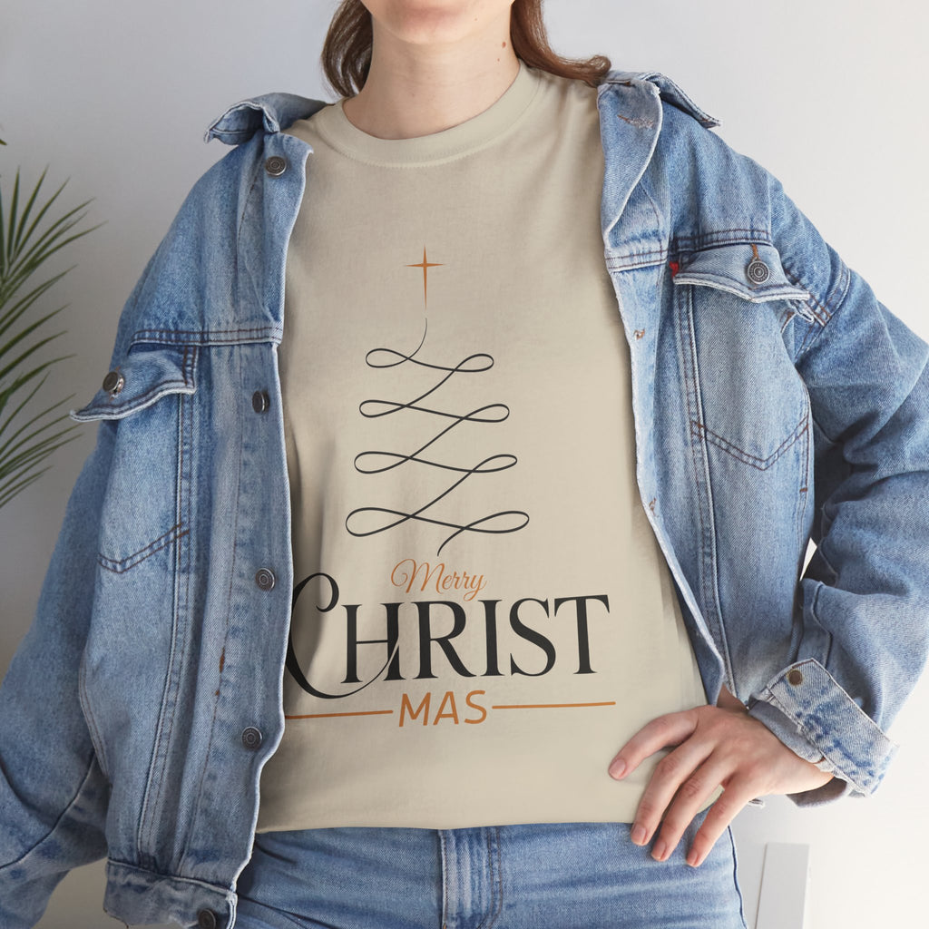 Merry Christmas Gold Cross Tree Unisex Cotton Tee