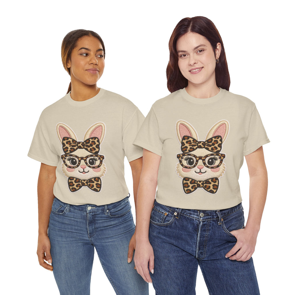 Leopard Bow Bunny Embroidered Tee — Cute Bunny Face with Glasses Patch Unisex Cotton Tee