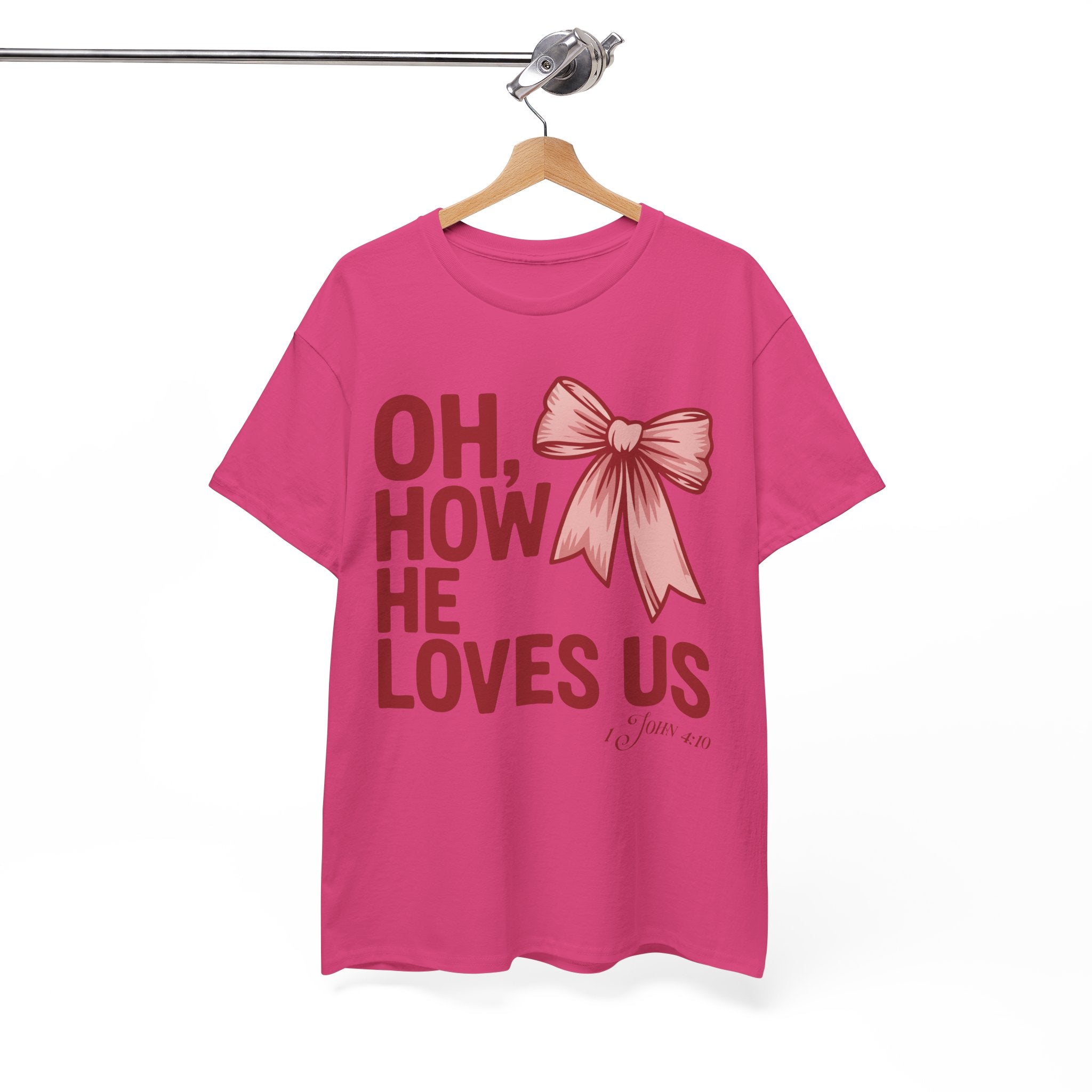 Oh, How He Loves Us Christian Valentine Tee — 1 John 4:10 Red & Pink Unisex Cotton Tee