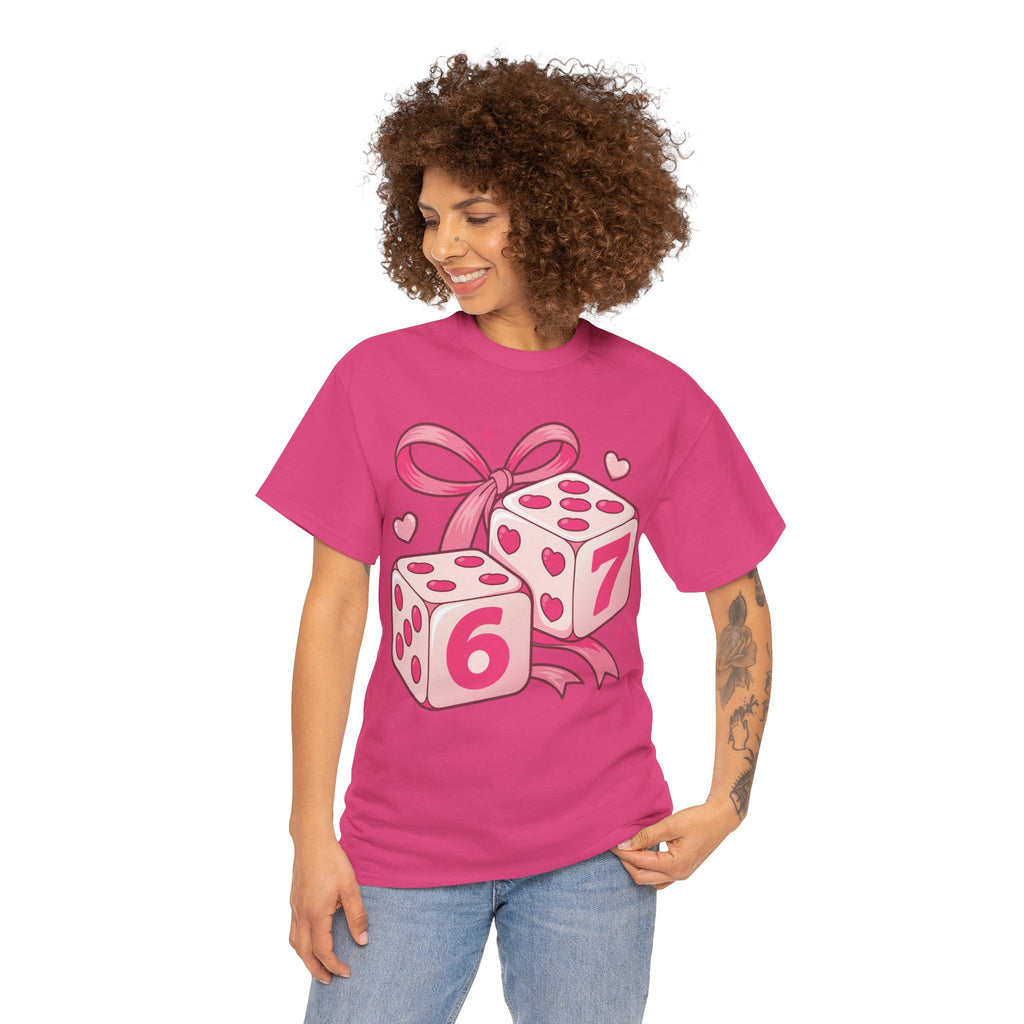Lucky Love Dice T-Shirt — Pink Heart Dice with Bow..Unisex Cotton Tee