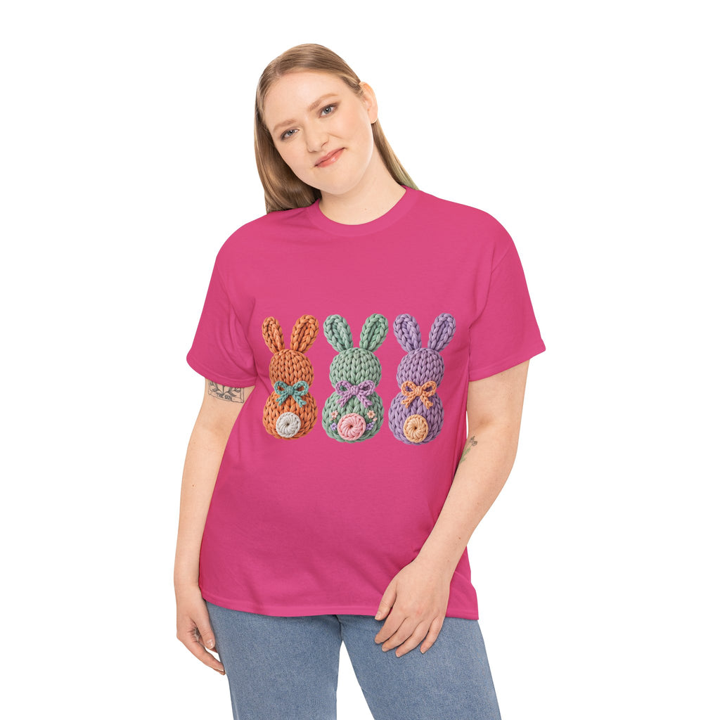 Pastel Crochet Bunny Tee — Trio of Faux Knit Bunnies with Bows & Flowers Unisex Cotton Tee