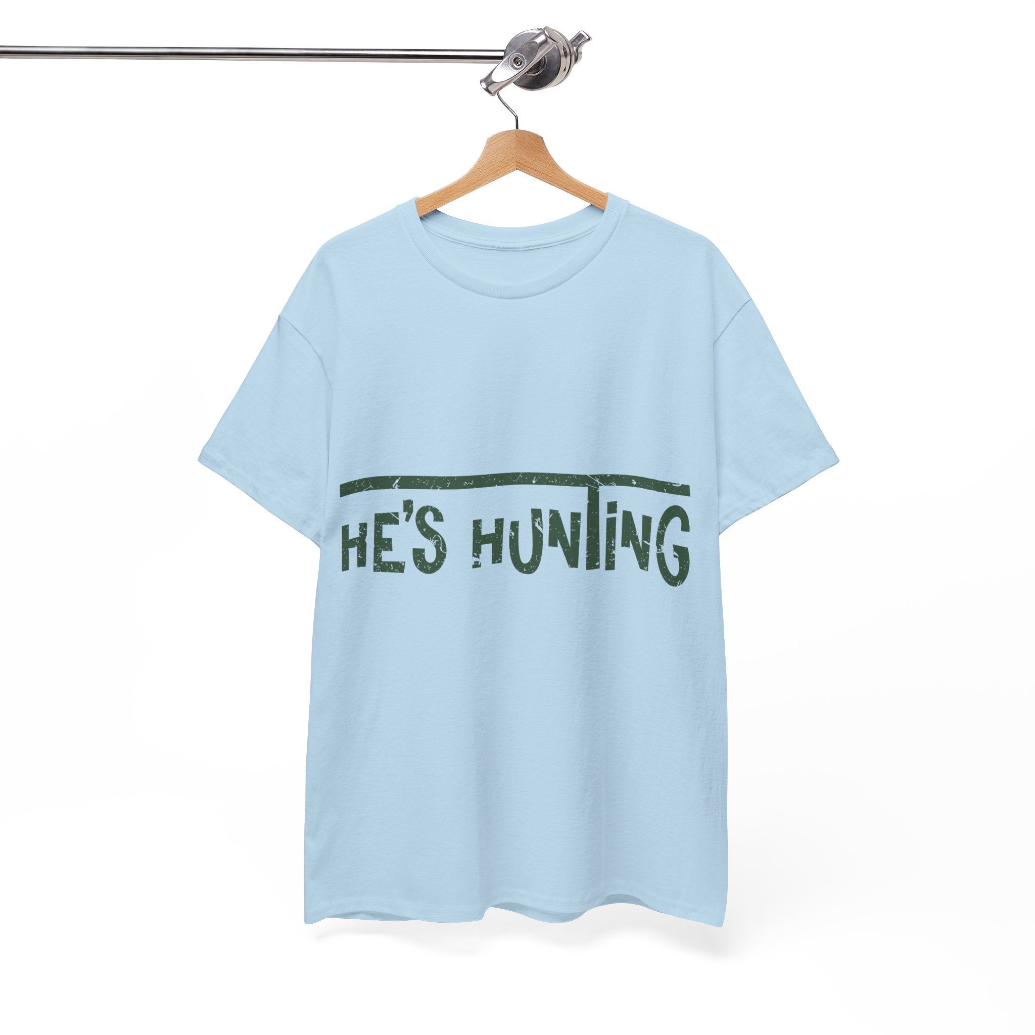 He’s Hunting Distressed Tee — Minimalist Tan Hunting Unisex Cotton Tshirt