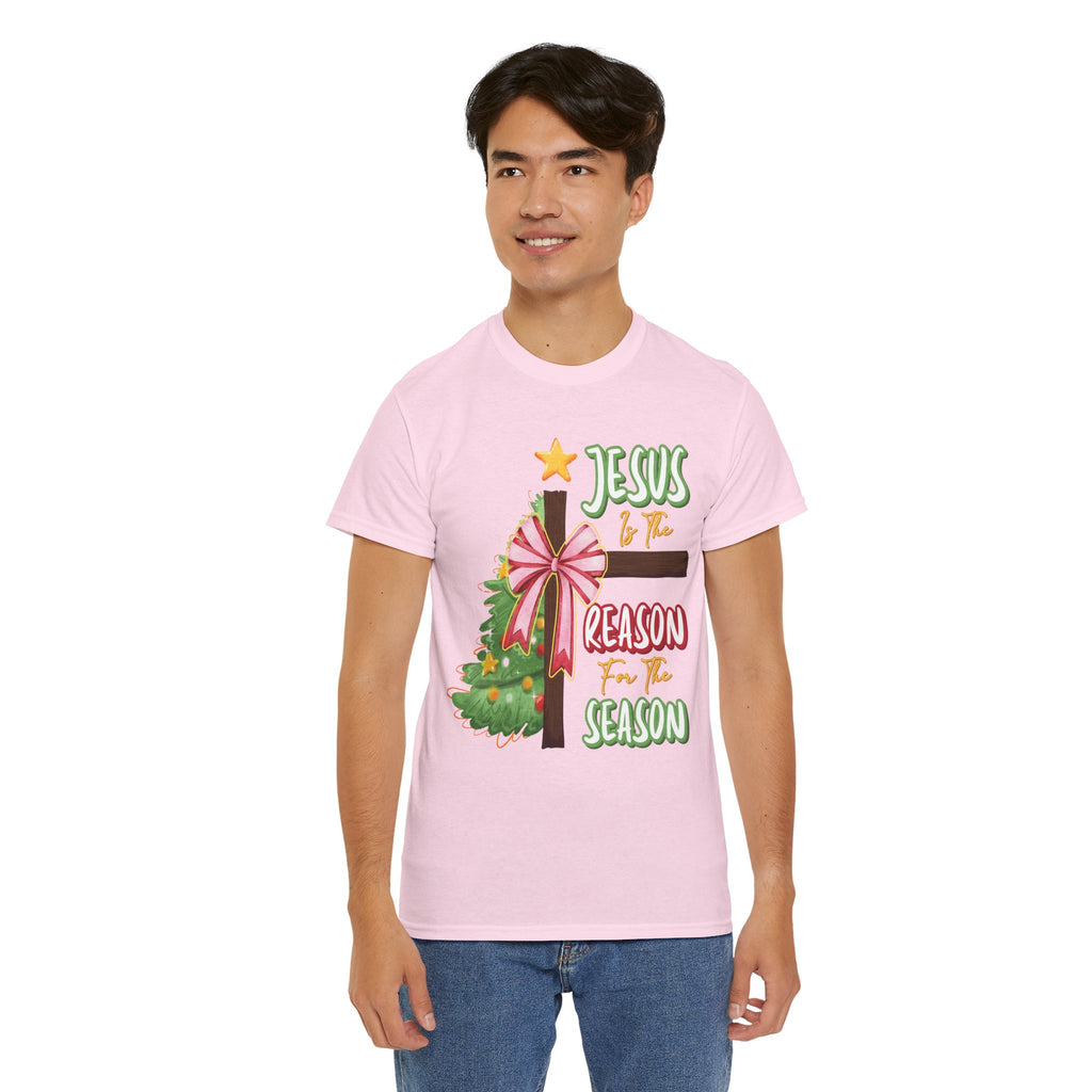 Jesus Is the Reason for the Season Christmas Tee — Cross with Pink Bow & Tree. Unisex Cotton Tee