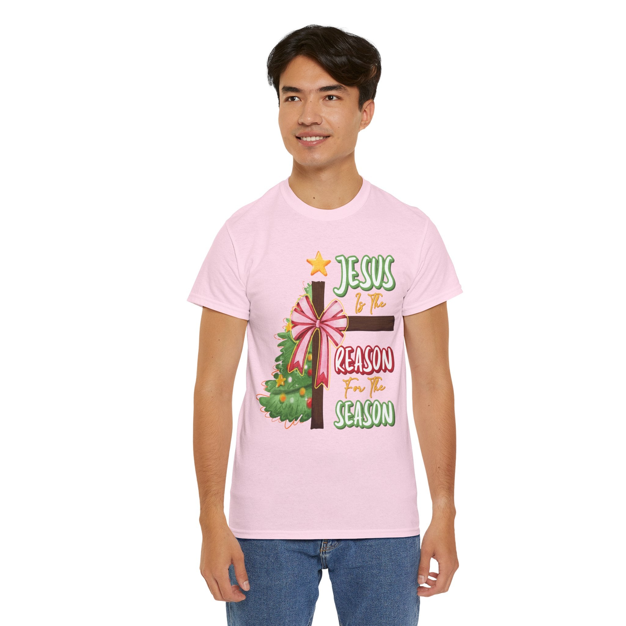Jesus Is the Reason for the Season Christmas Tee — Cross with Pink Bow & Tree. Unisex Cotton Tee
