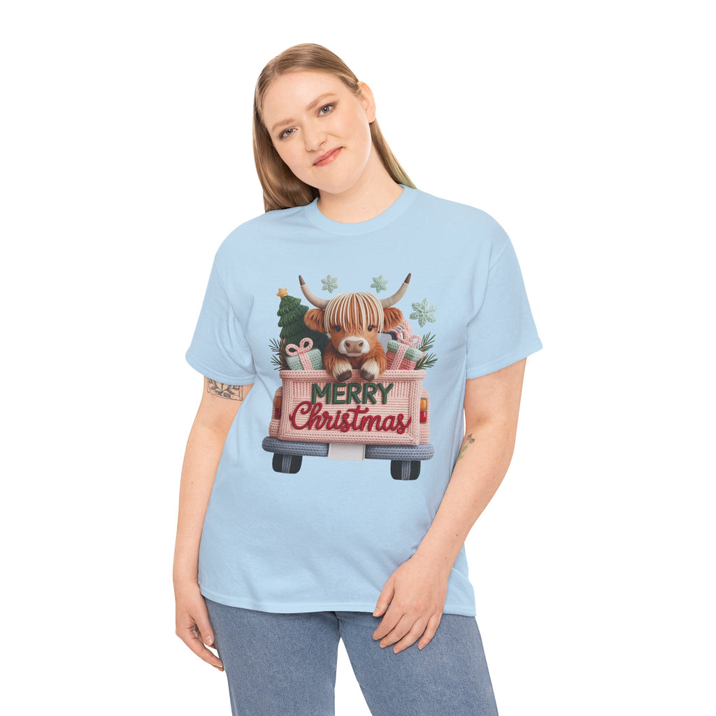 Merry Christmas Highland Cow Knit Truck Unisex Cotton T-Shirt