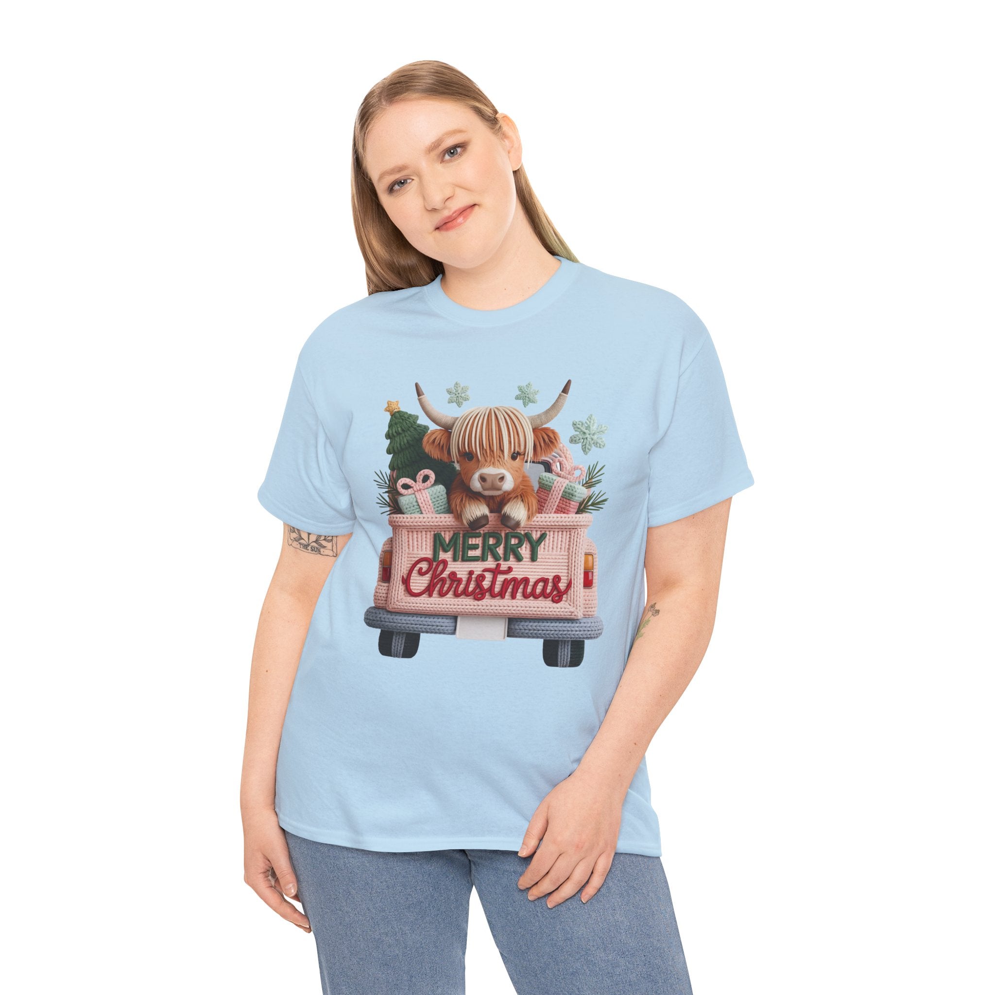 Merry Christmas Highland Cow Knit Truck Unisex Cotton T-Shirt