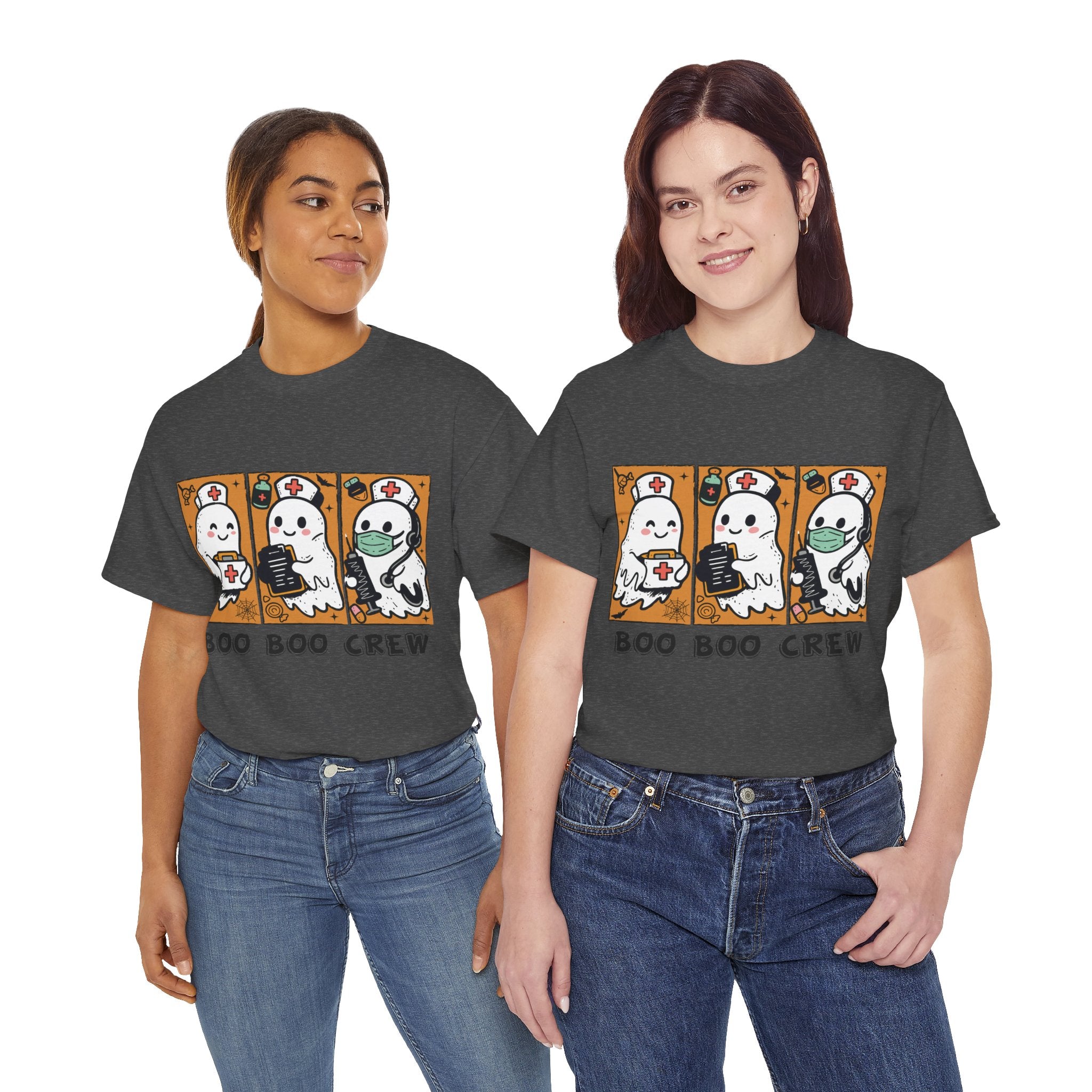 Halloween Nurse T-Shirt — Ghost Nurses Holding Medical Tools on Orange Unisec Cotton Tee