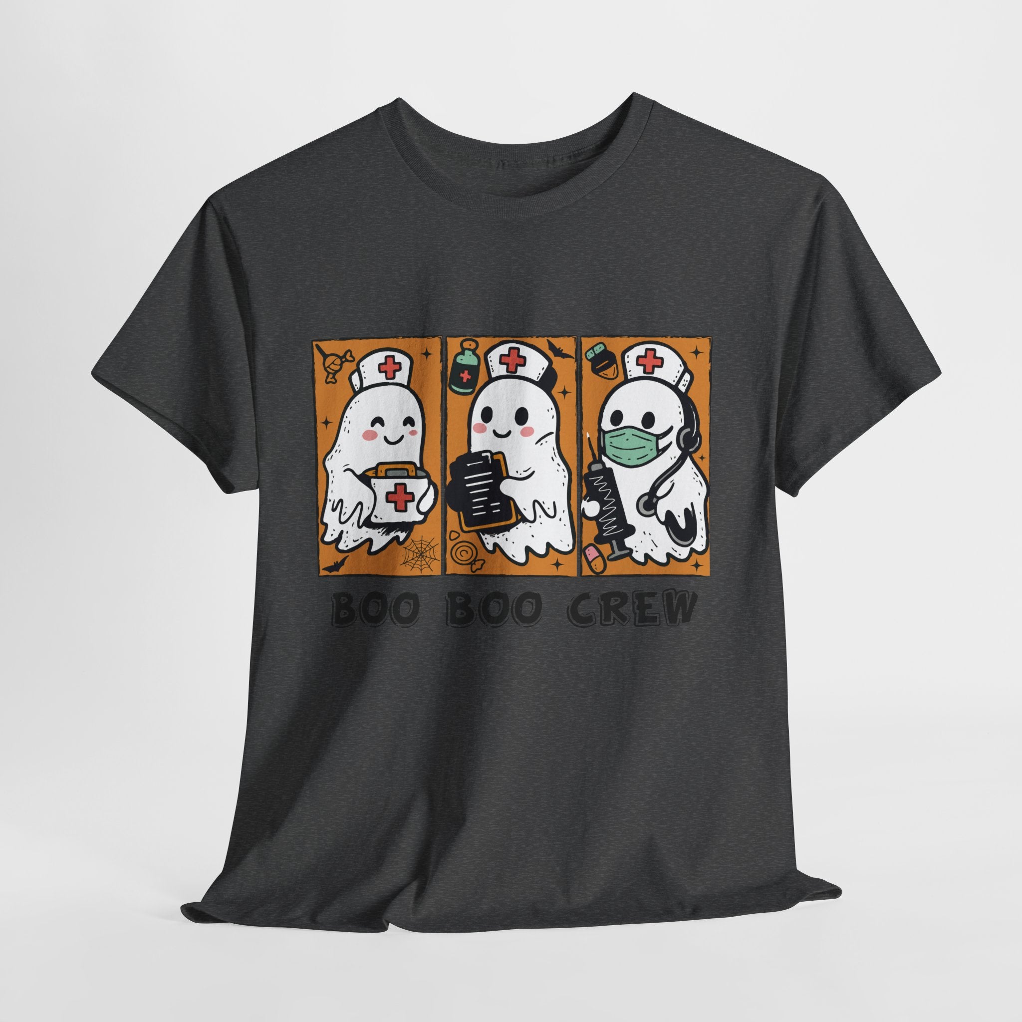 Halloween Nurse T-Shirt — Ghost Nurses Holding Medical Tools on Orange Unisec Cotton Tee
