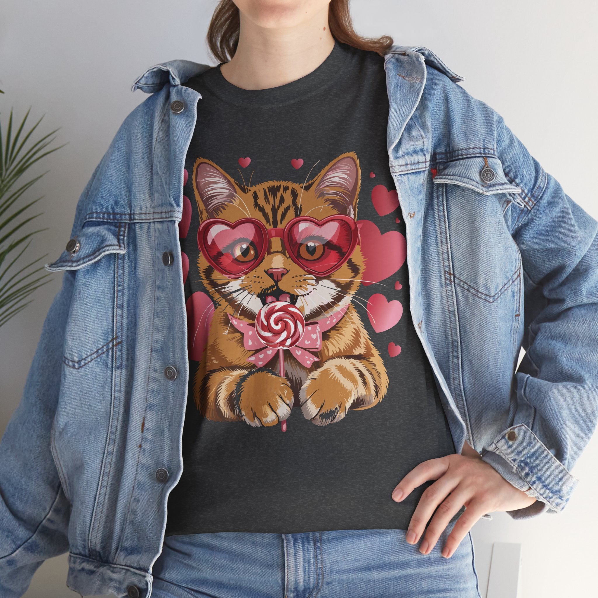 Valentine Cat Tee — Heart Glasses, Lollipop Bow Unisex Cotton Tee