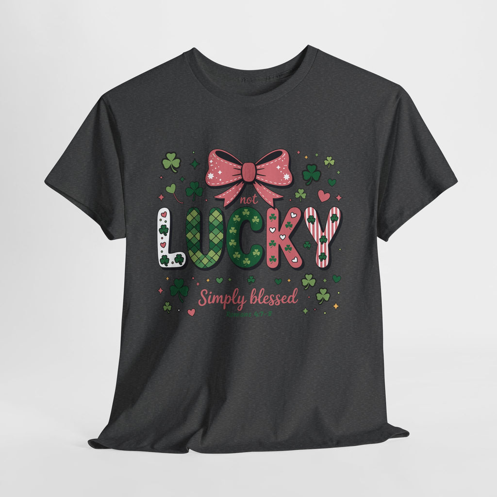 Simply Blessed Tee — “Not Lucky, Simply Blessed” with Pastel Bow, Clovers & Romans 4:7-8 Unisex Cotton Tee