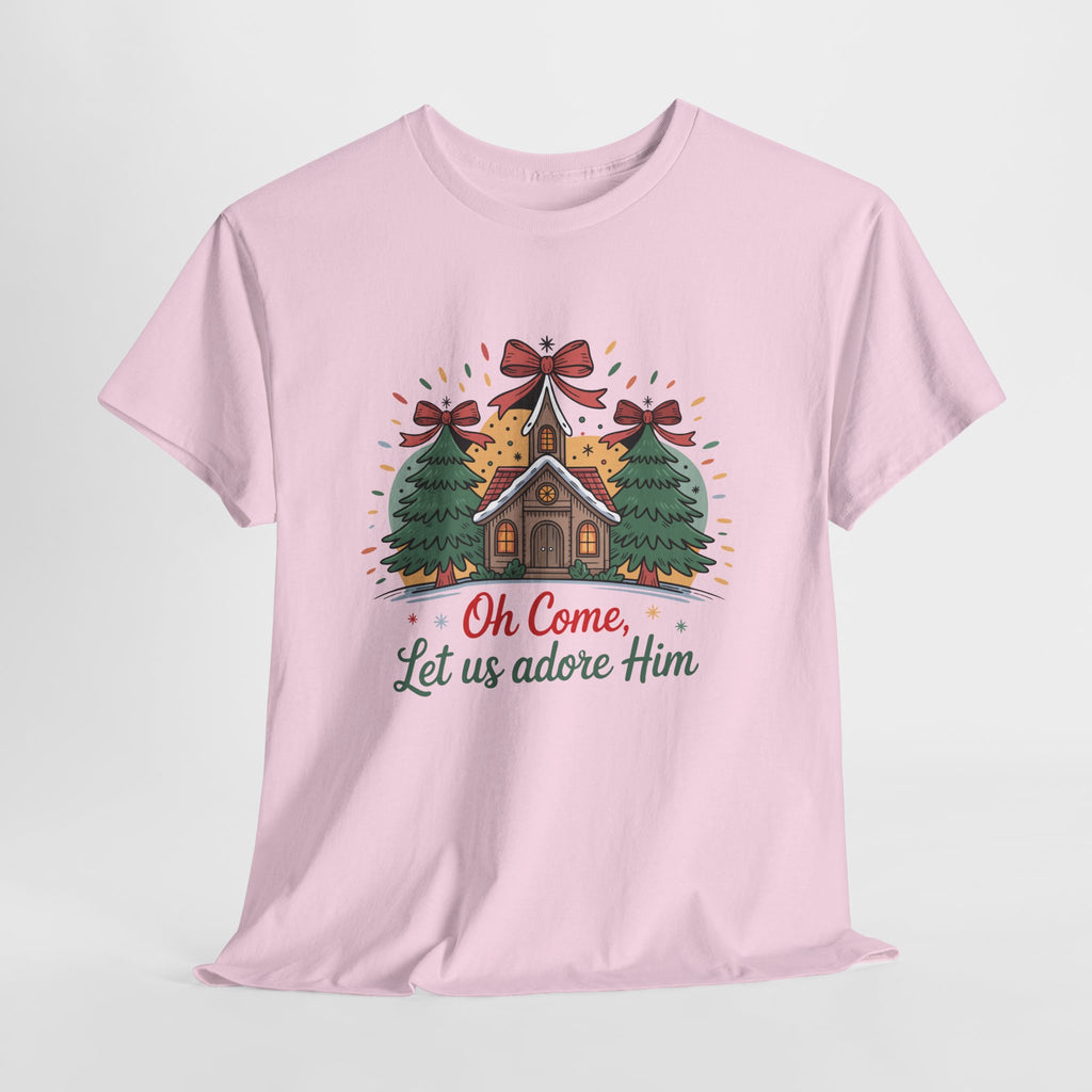 Oh Come Let Us Adore Him Christmas Tee — Church & Trees Holiday Unisex Cotton Tshirt