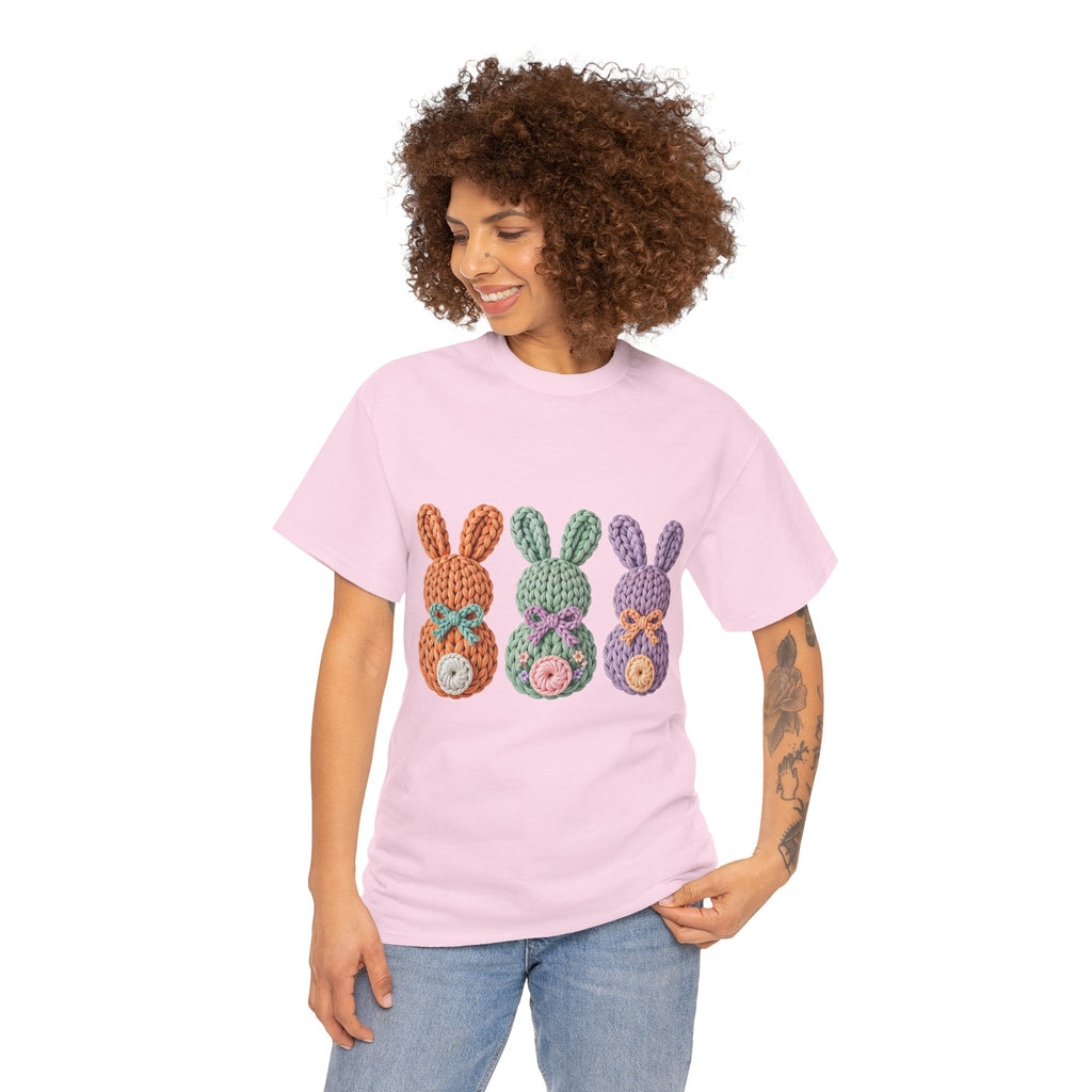 Pastel Crochet Bunny Tee — Trio of Faux Knit Bunnies with Bows & Flowers Unisex Cotton Tee