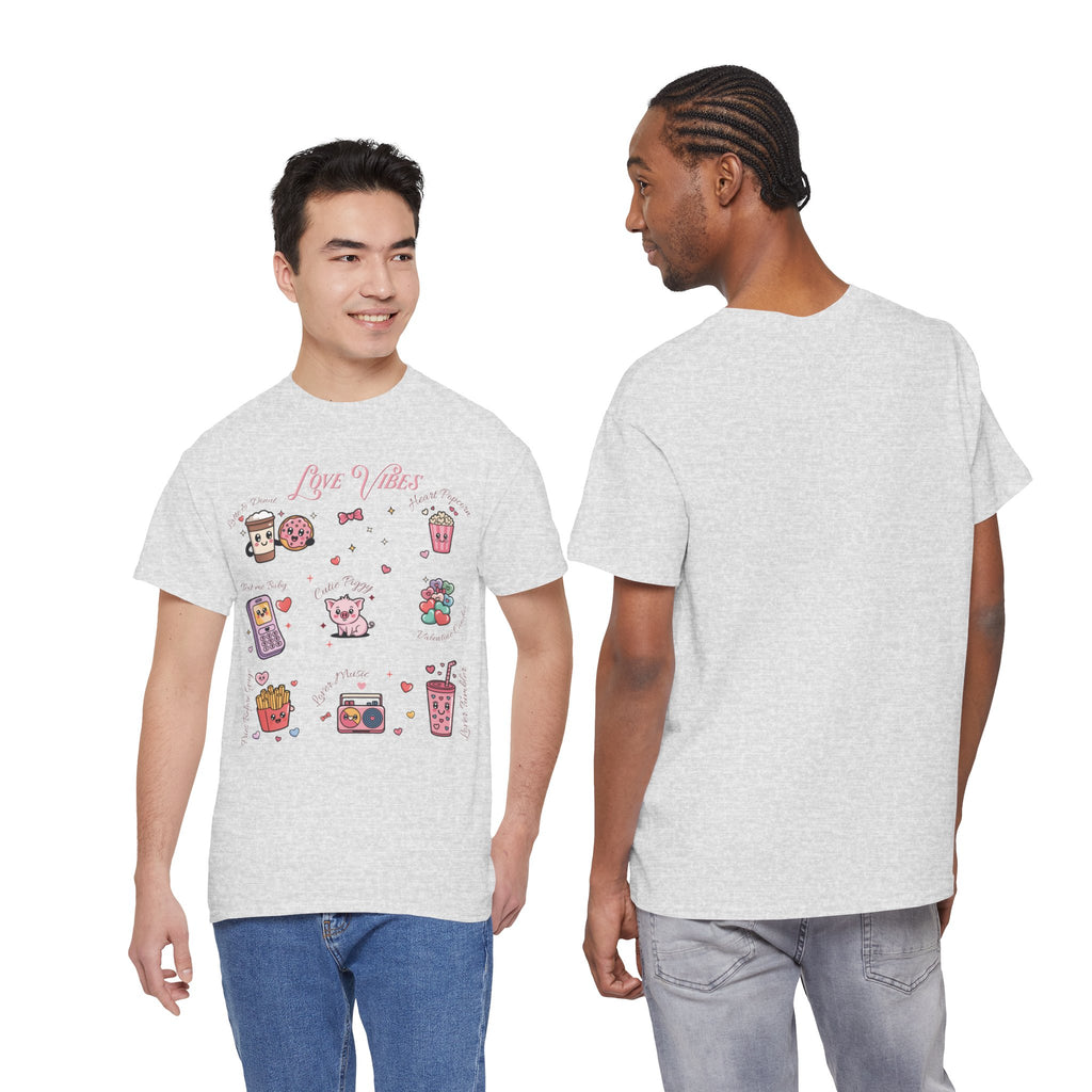 Love Vibes Kawaii Valentine T-Shirt — Cute Donut, Coffee & Piglet Design Unisex Cotton Tee
