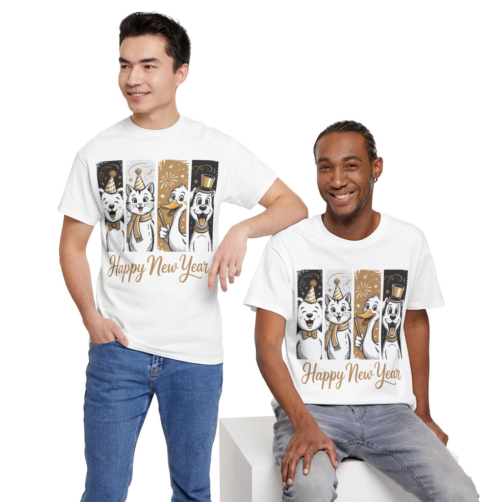 Happy New Year Party Animals T-Shirt — Cute Smiling Animals in Party Hats & Gold Fireworks..Unisex Cotton Tee