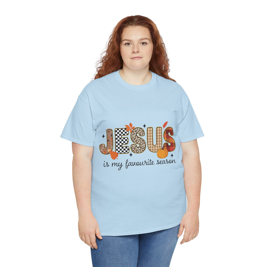 Jesus Is My Favorite Season Tee — Autumn Plaid & Leopard Lettering Unisex Cotton Tee