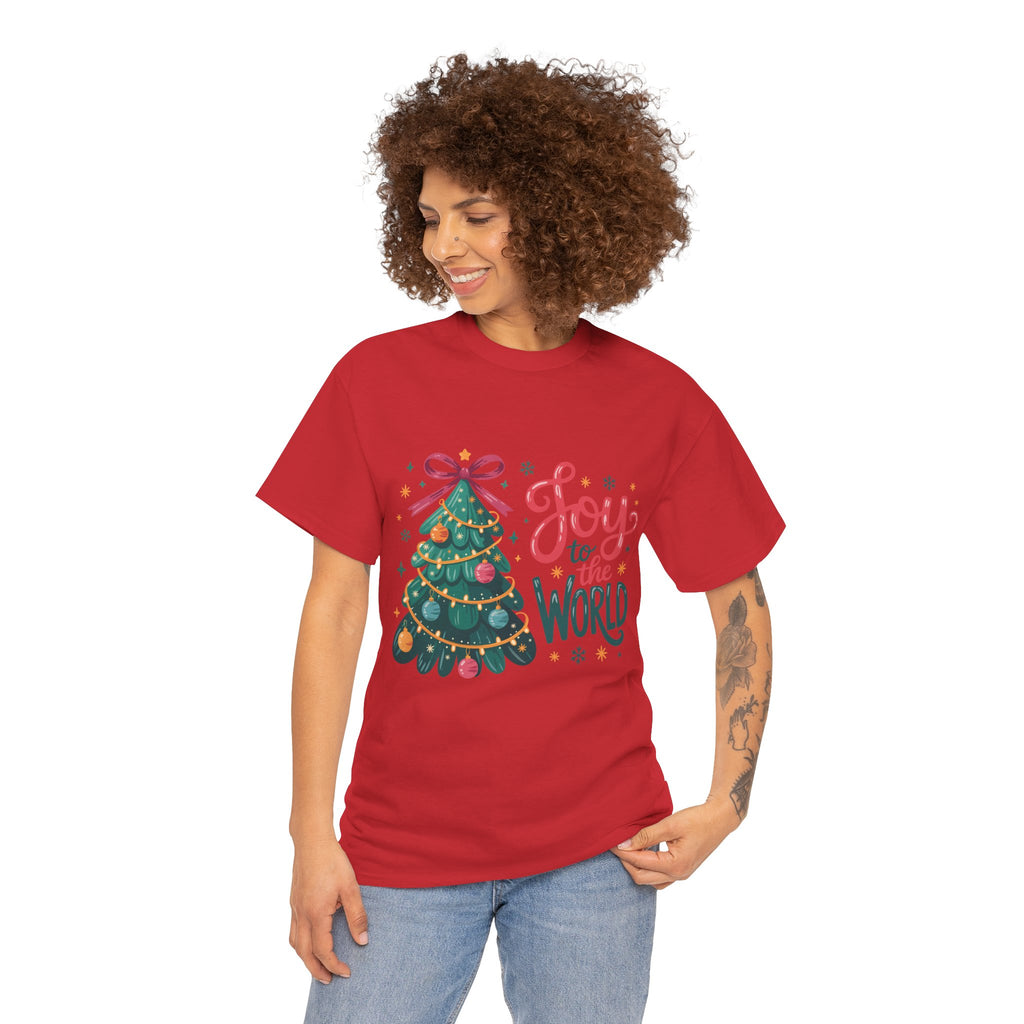 Joy to the World Christmas Tee — Festive Tree with Pink Bow..Unisex Cotton Tee