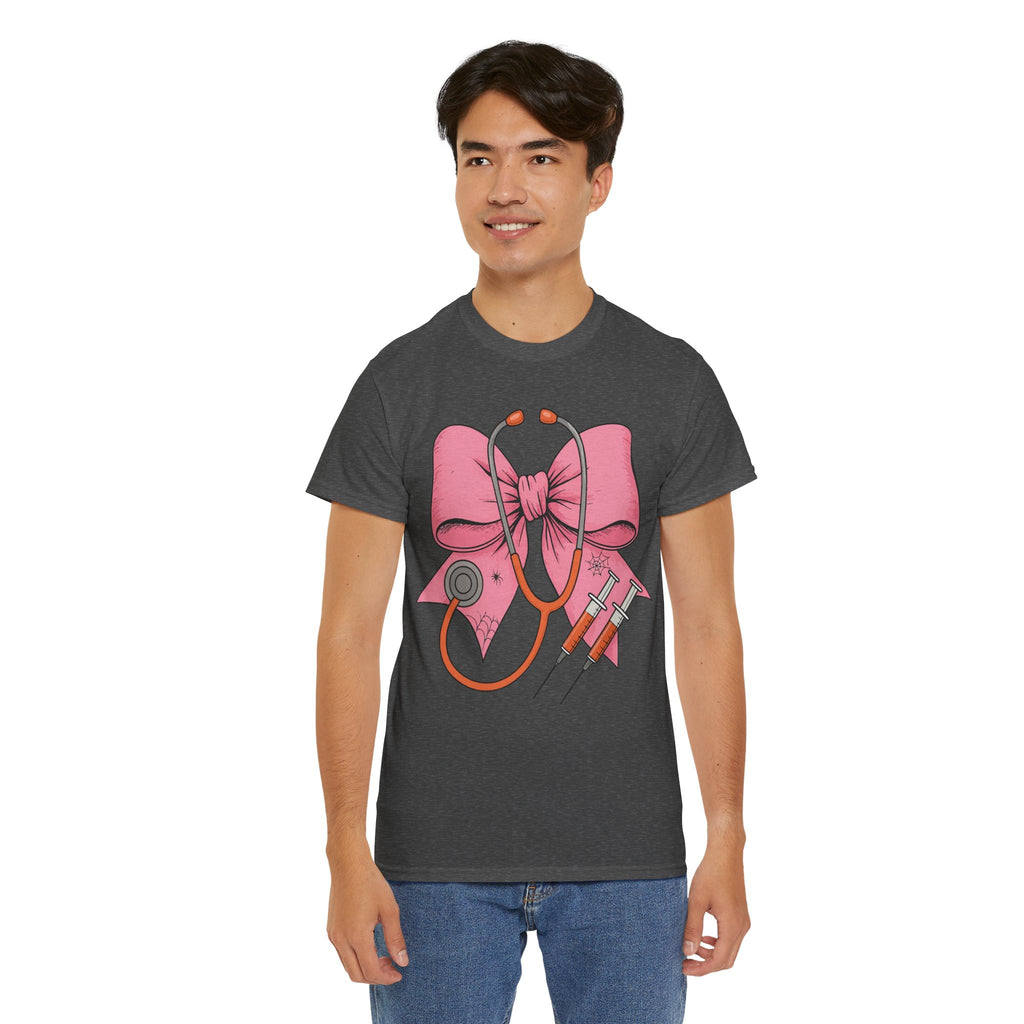 Halloween Nurse T‑Shirt — Pink Nurse Bow with Stethoscope, Syringes & Spider Webs..Unisex Cotton Tee