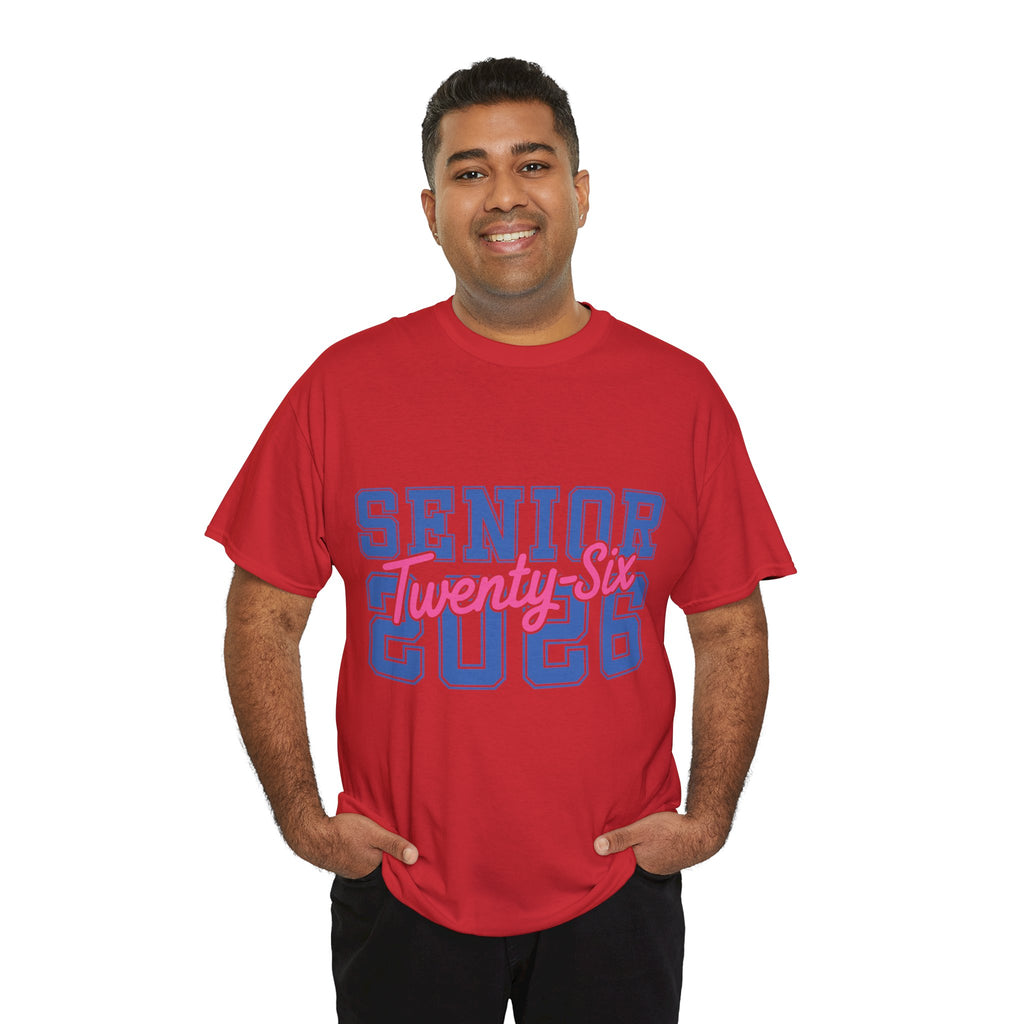 Senior 2026 Tee — Pink Varsity Block with Blue Script Overlay Unisex Cotton Tee