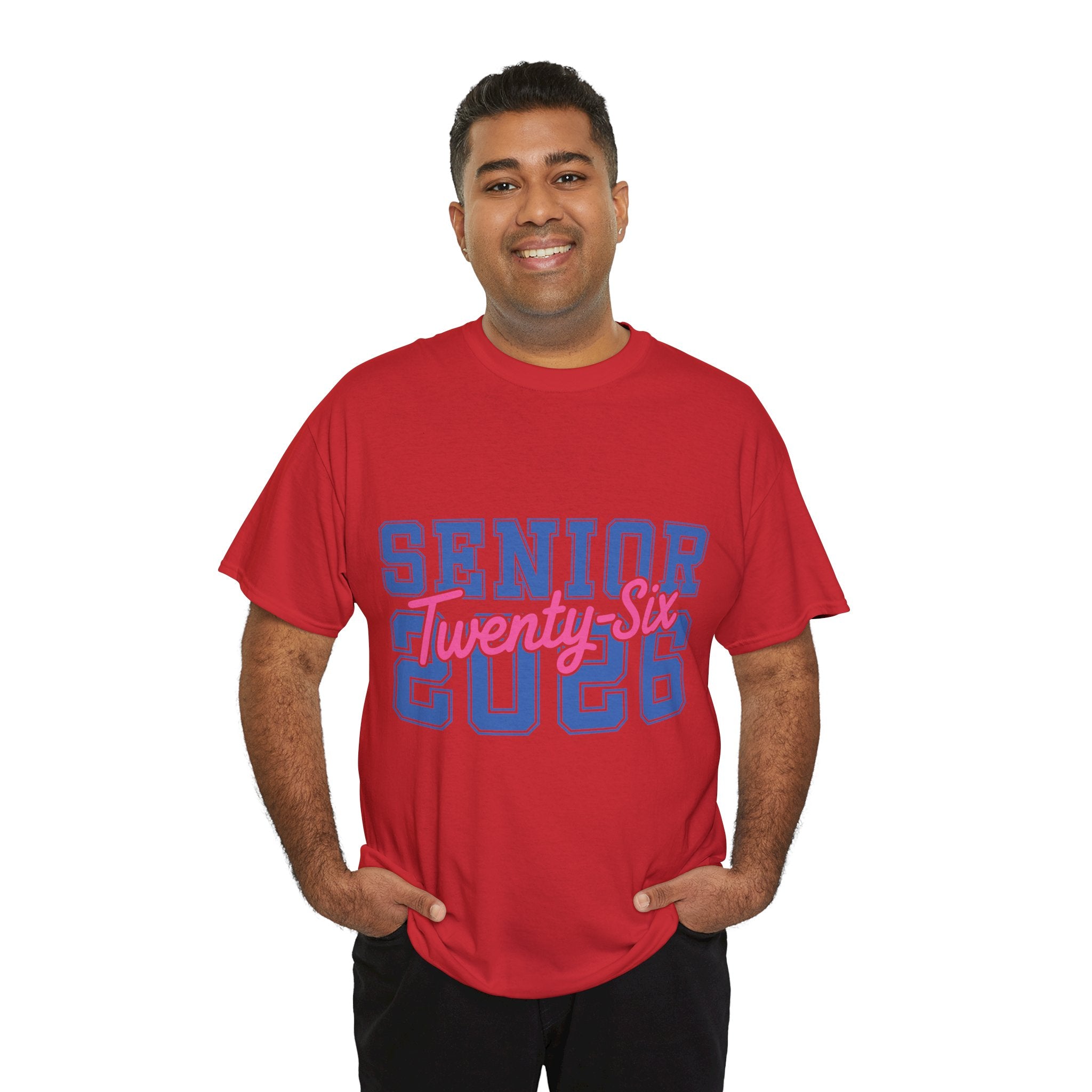 Senior 2026 Tee — Pink Varsity Block with Blue Script Overlay Unisex Cotton Tee