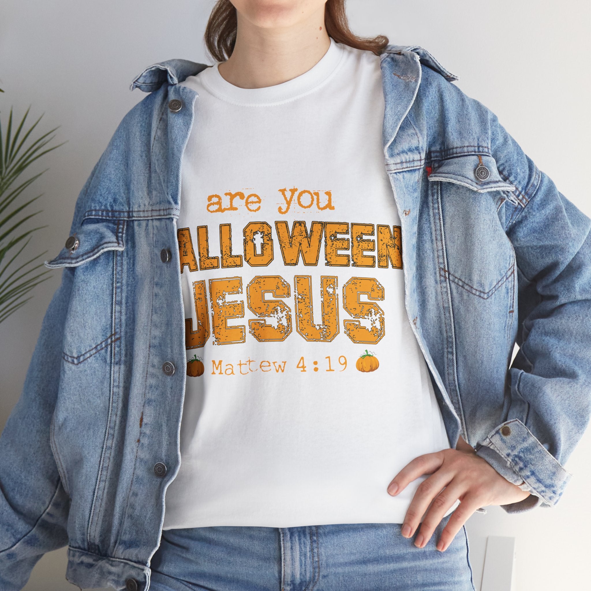 Christian Halloween T-Shirt — “Are You Falloween Jesus? Matthew 4:19” Distressed Pumpkin Design. Unisex Cotton Tee