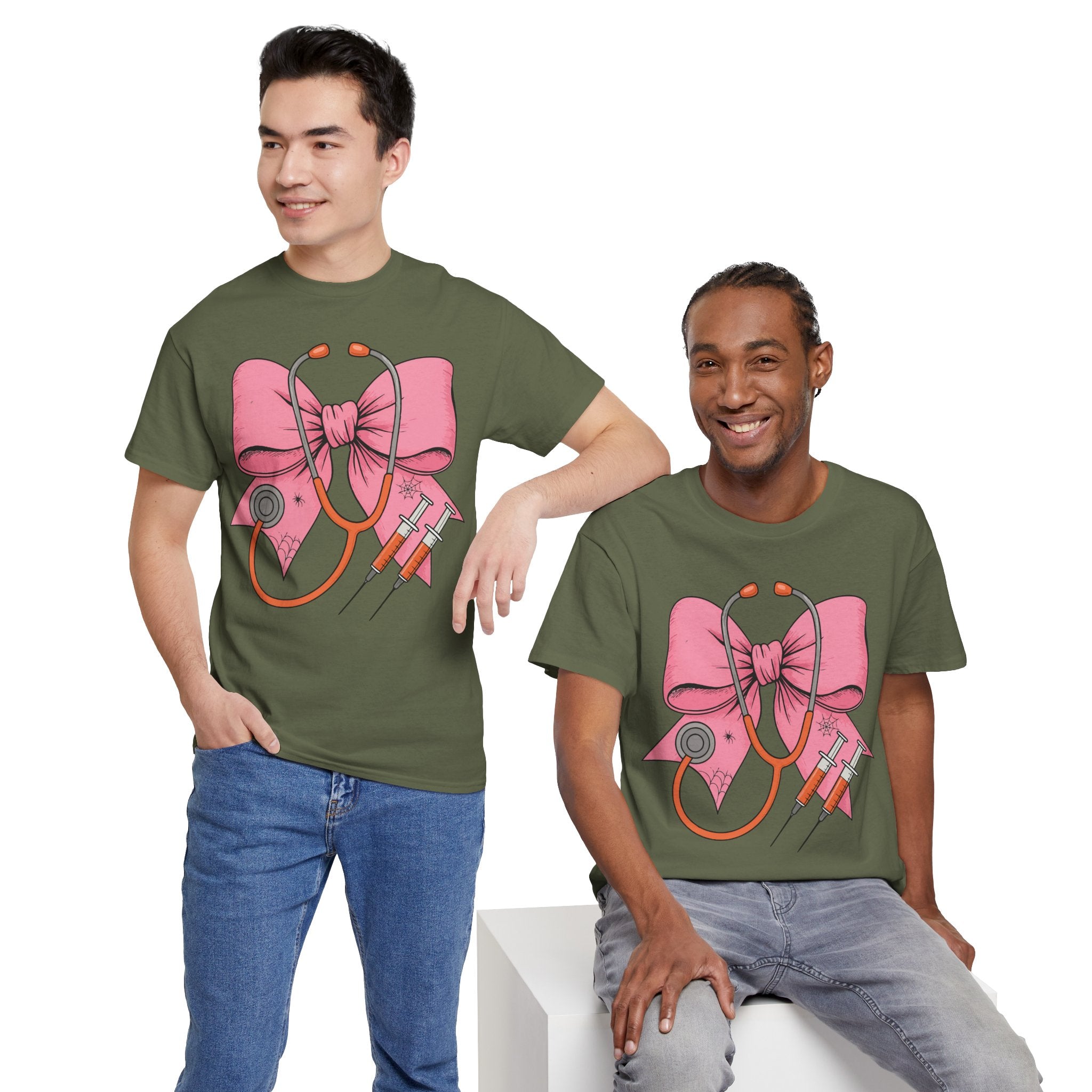 Halloween Nurse T‑Shirt — Pink Nurse Bow with Stethoscope, Syringes & Spider Webs..Unisex Cotton Tee