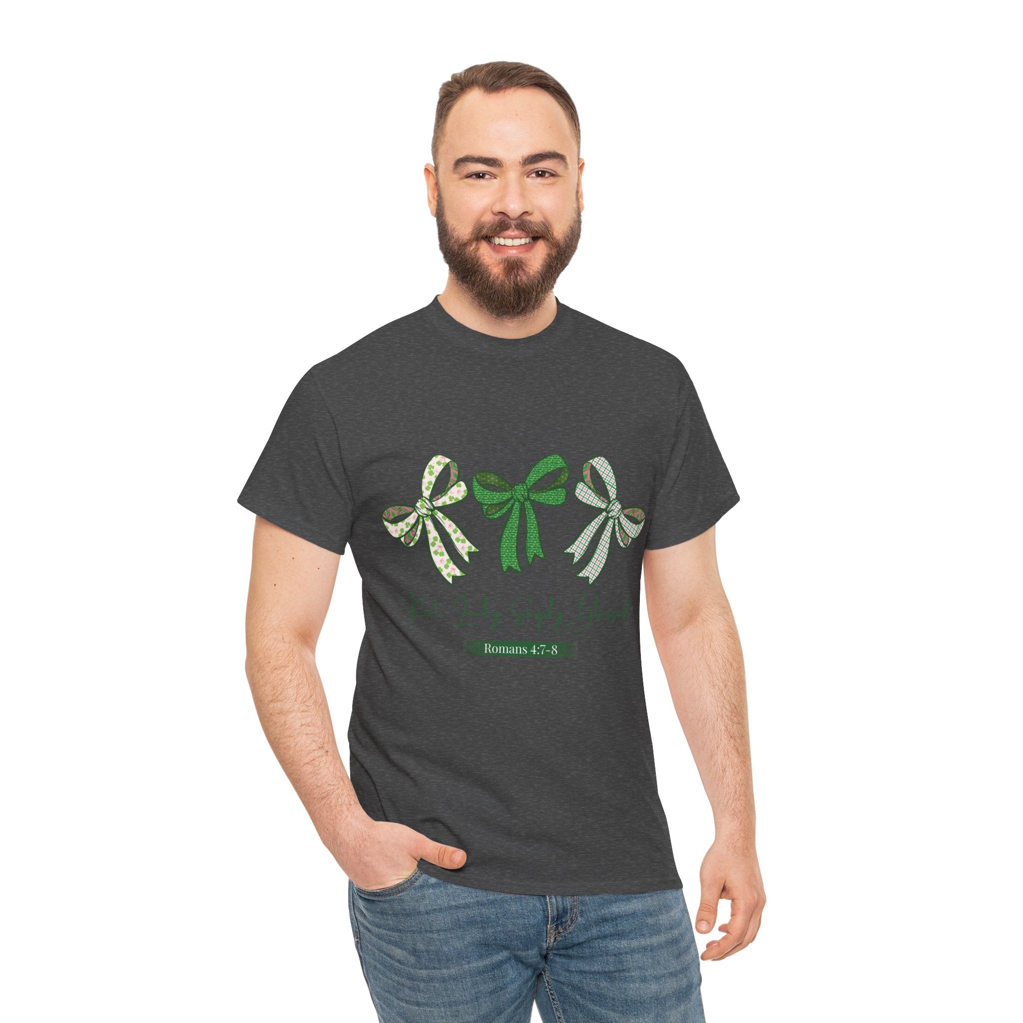Not Lucky Simply Blessed Tee — Romans 4:7-8 Green Bow Christian Unisex Cotton T-Shirt