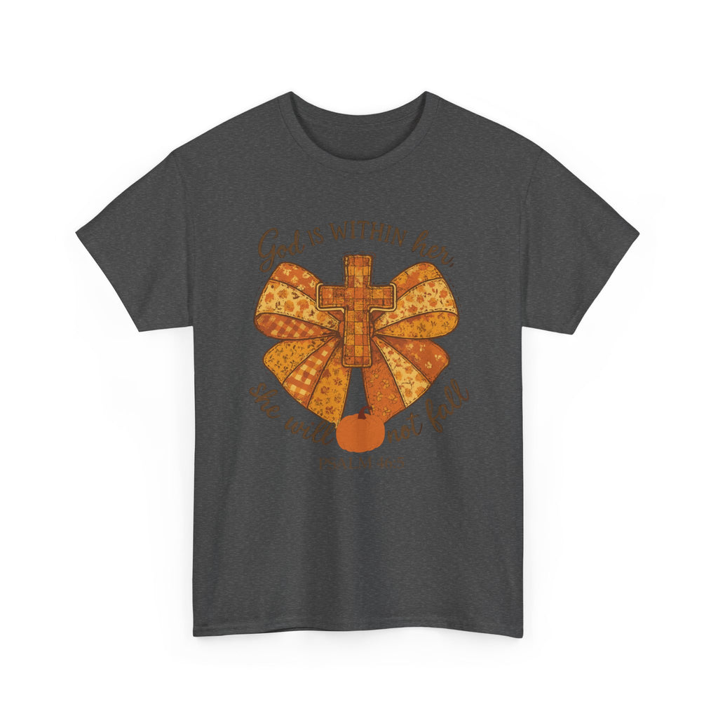 Psalm 46:5 Cross Patchwork Tee — Fall Bow Christian Unisex Cotton T-Shirt