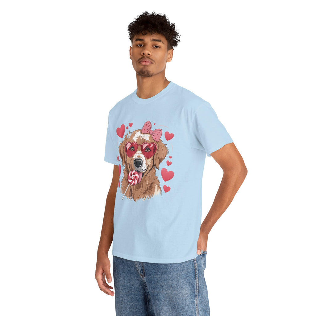 Valentine Dog T-Shirt — Cute Pup with Heart Glasses, Pink Bow & Lollipop..Unisex Cotton Tee