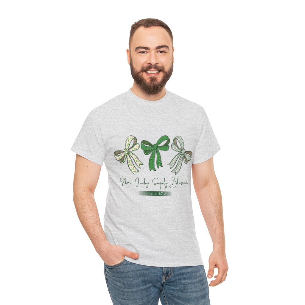 Not Lucky Simply Blessed Tee — Romans 4:7-8 Green Bow Christian Unisex Cotton T-Shirt