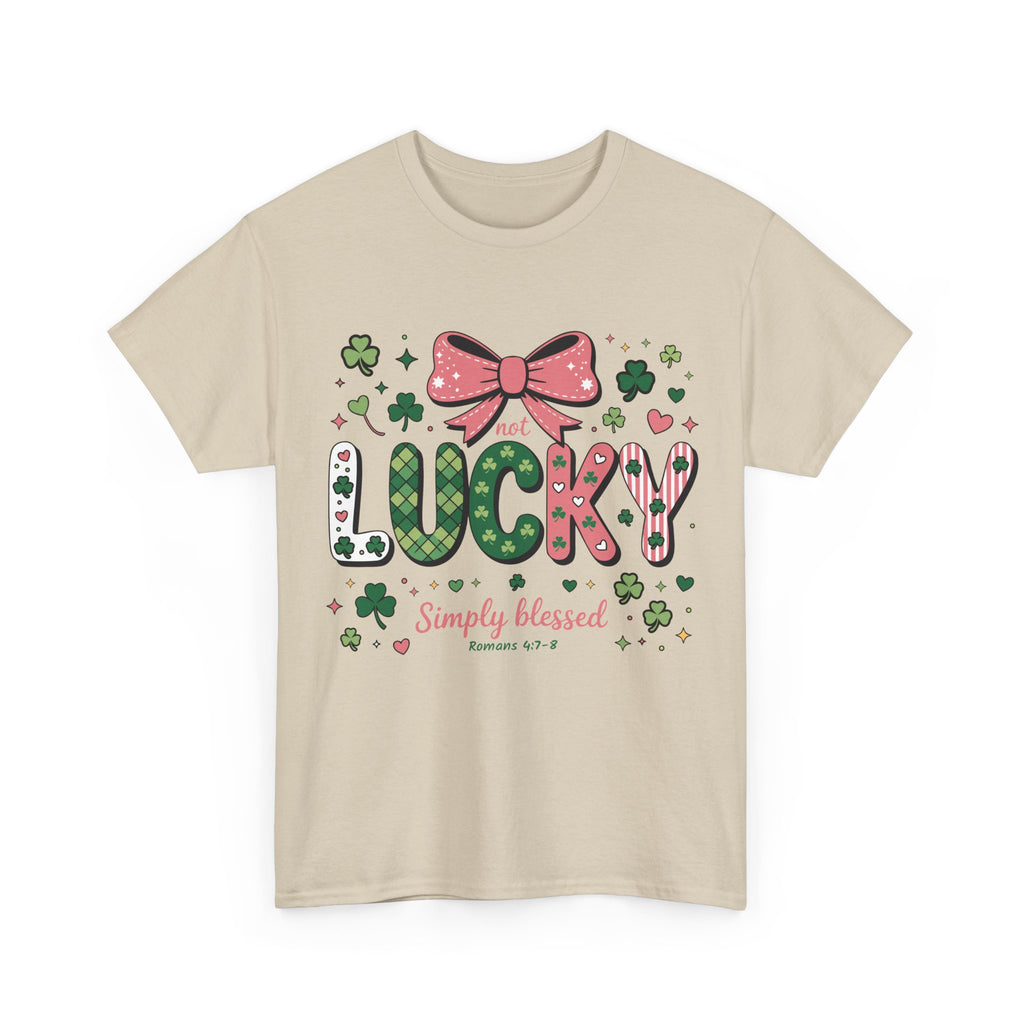 Simply Blessed Tee — “Not Lucky, Simply Blessed” with Pastel Bow, Clovers & Romans 4:7-8 Unisex Cotton Tee