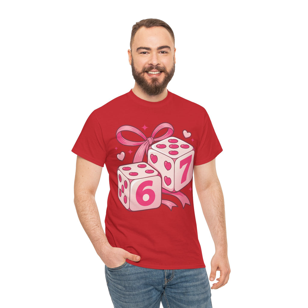 Lucky Love Dice T-Shirt — Pink Heart Dice with Bow..Unisex Cotton Tee